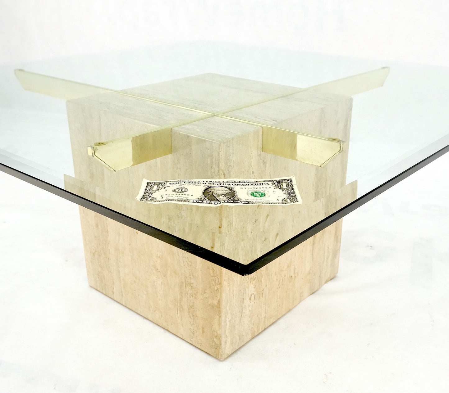 EstablishedLines Brass Travertine Base Glass Top Square Mid-Century Modern Coffee Center Table