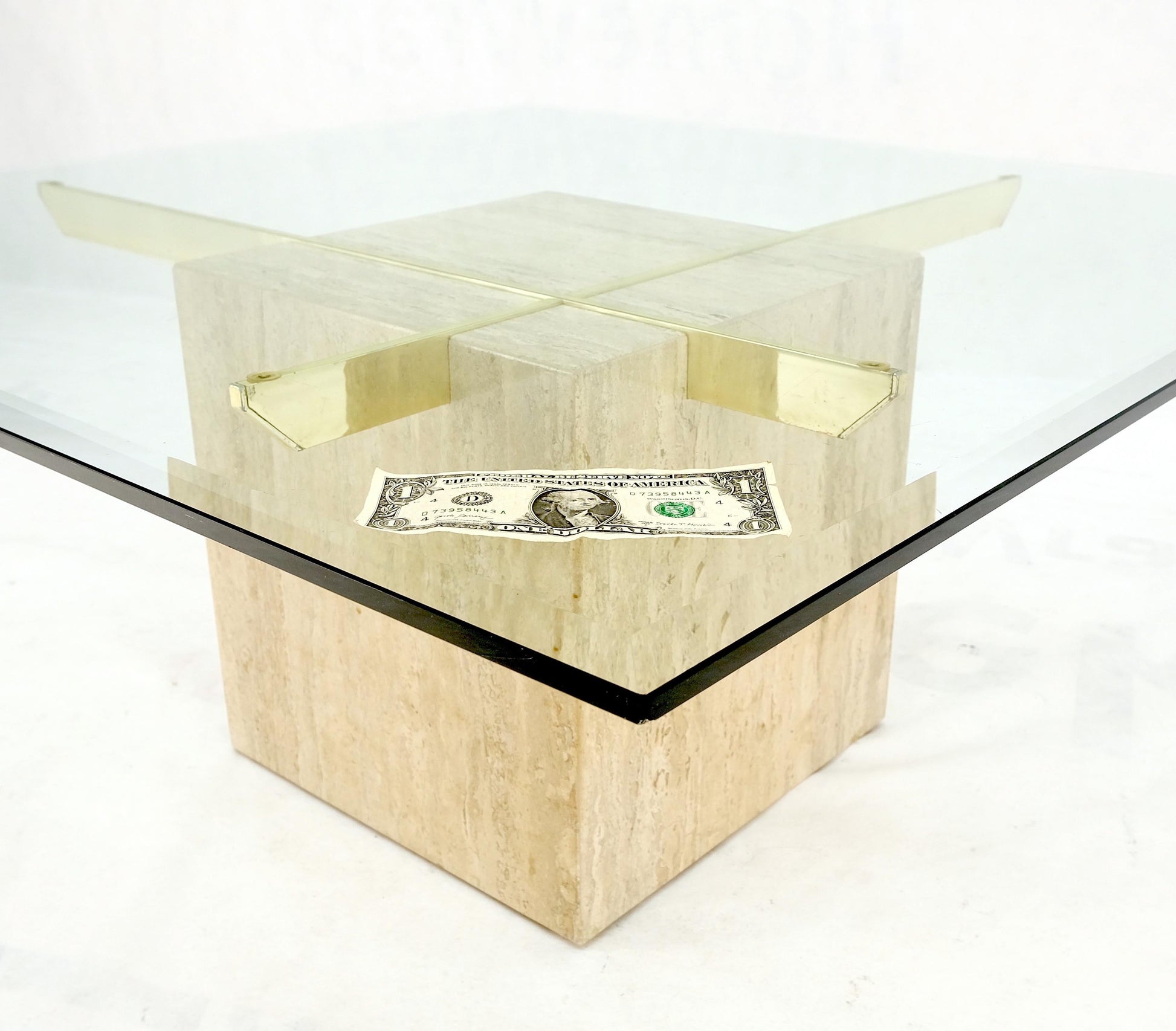 EstablishedLines Brass Travertine Base Glass Top Square Mid-Century Modern Coffee Center Table