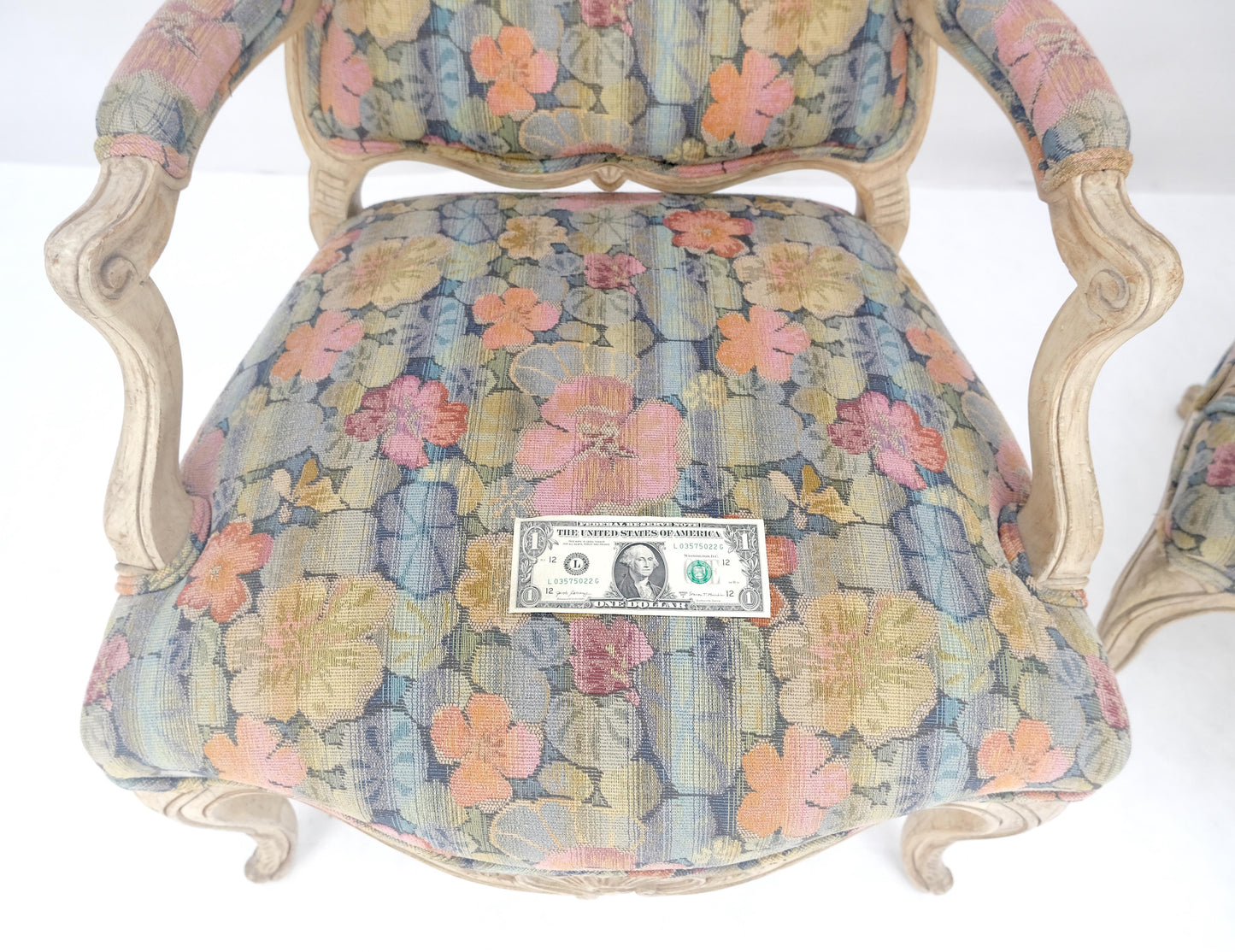 EstablishedLines Pair of French Provincial Decorative Floral Pattern Carved Arm Chairs MINT