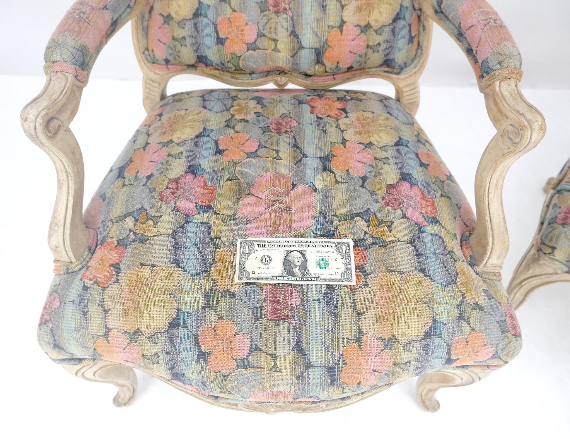 EstablishedLines Pair of French Provincial Decorative Floral Pattern Carved Arm Chairs MINT