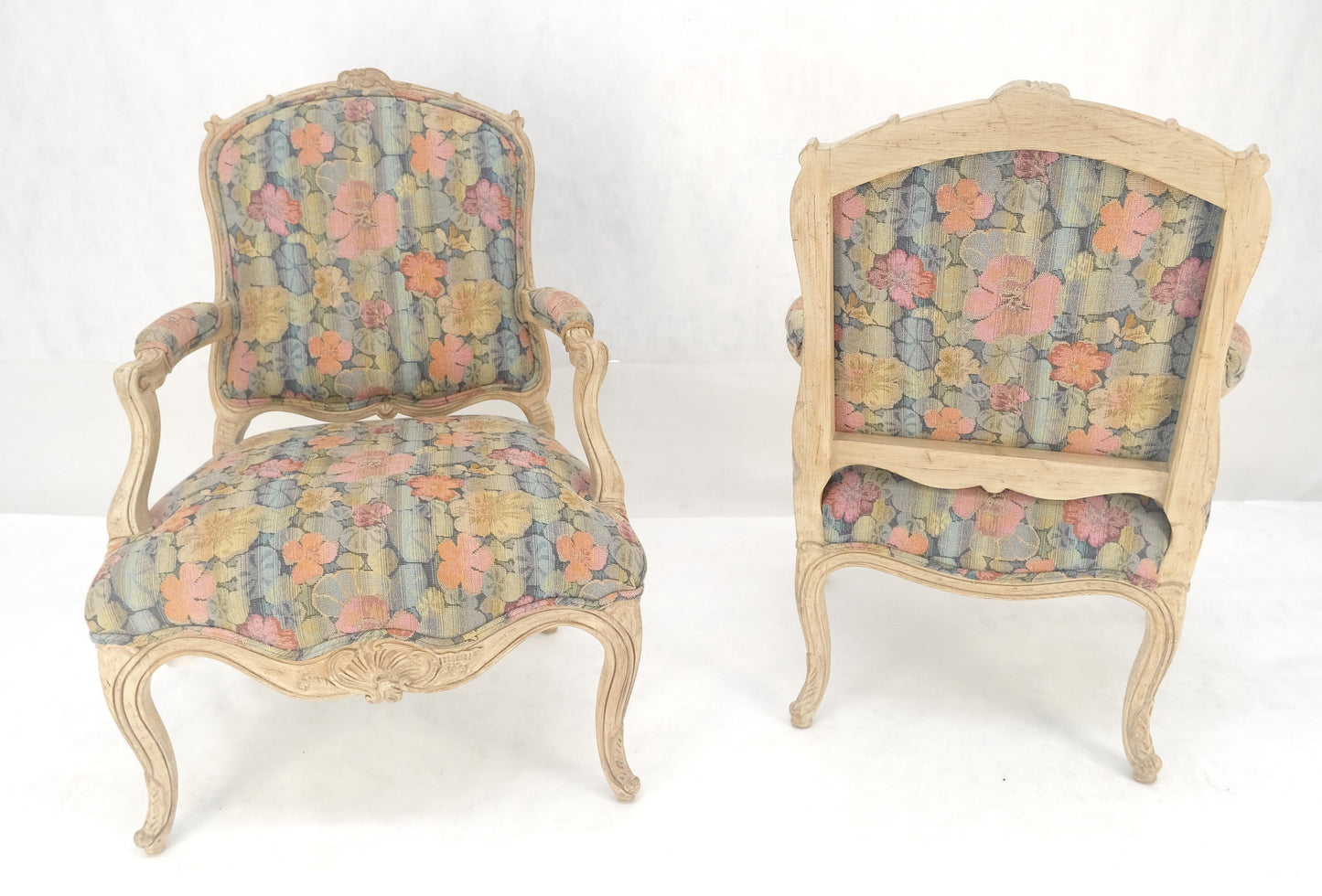 EstablishedLines Pair of French Provincial Decorative Floral Pattern Carved Arm Chairs MINT