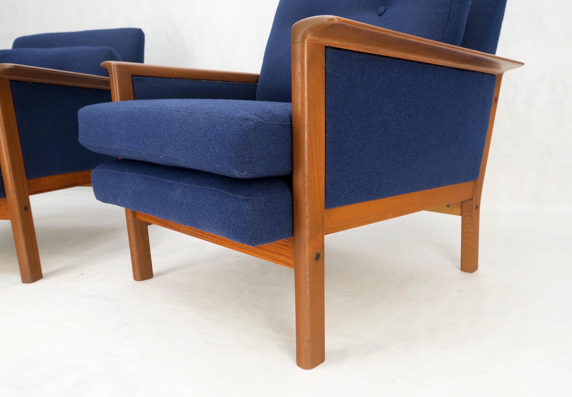EstablishedLines Danish Mid-Century Modern Teak Frames New Wool Upholstery Lounge Chairs Refinish