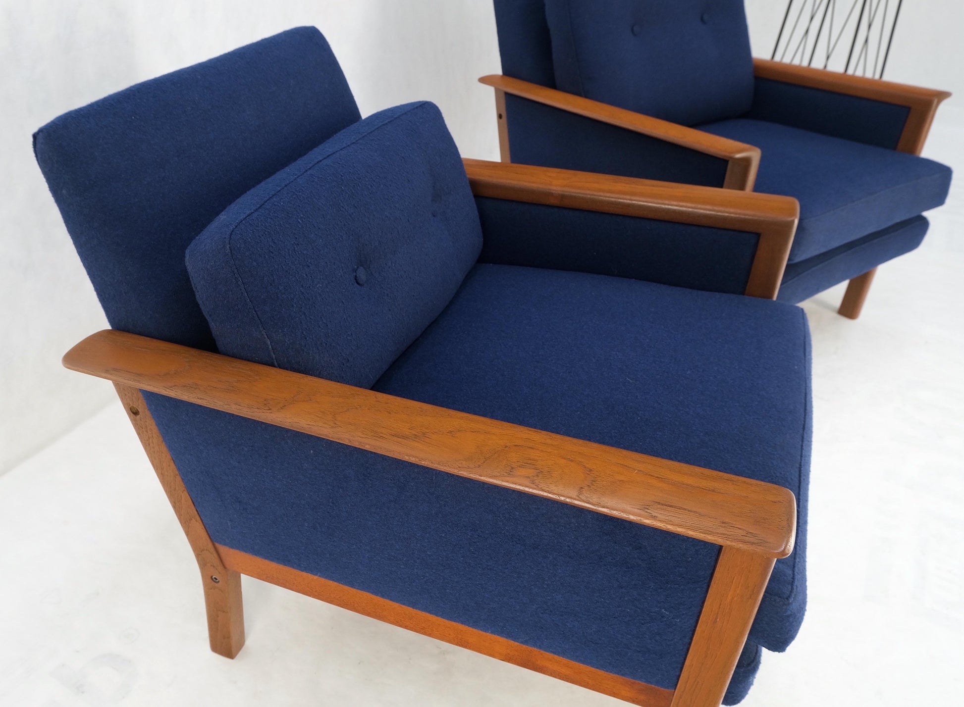 EstablishedLines Danish Mid-Century Modern Teak Frames New Wool Upholstery Lounge Chairs Refinish