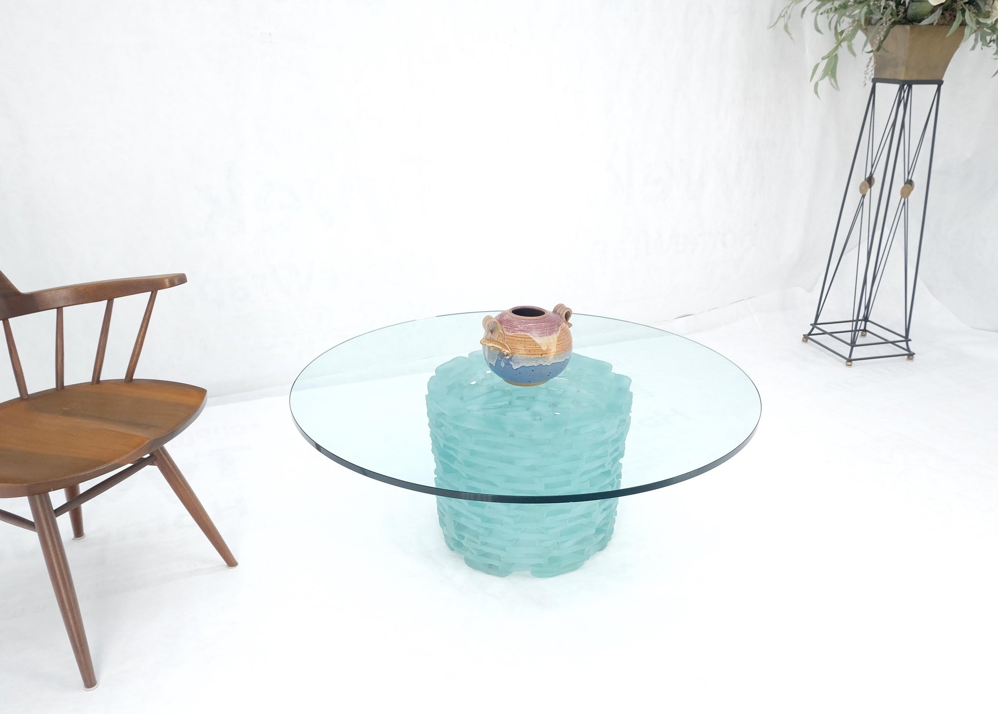 EstablishedLines Fused Glass "Ice" Blocks Round Base Studio Made 3/4" 48" Glass Top Coffee Table