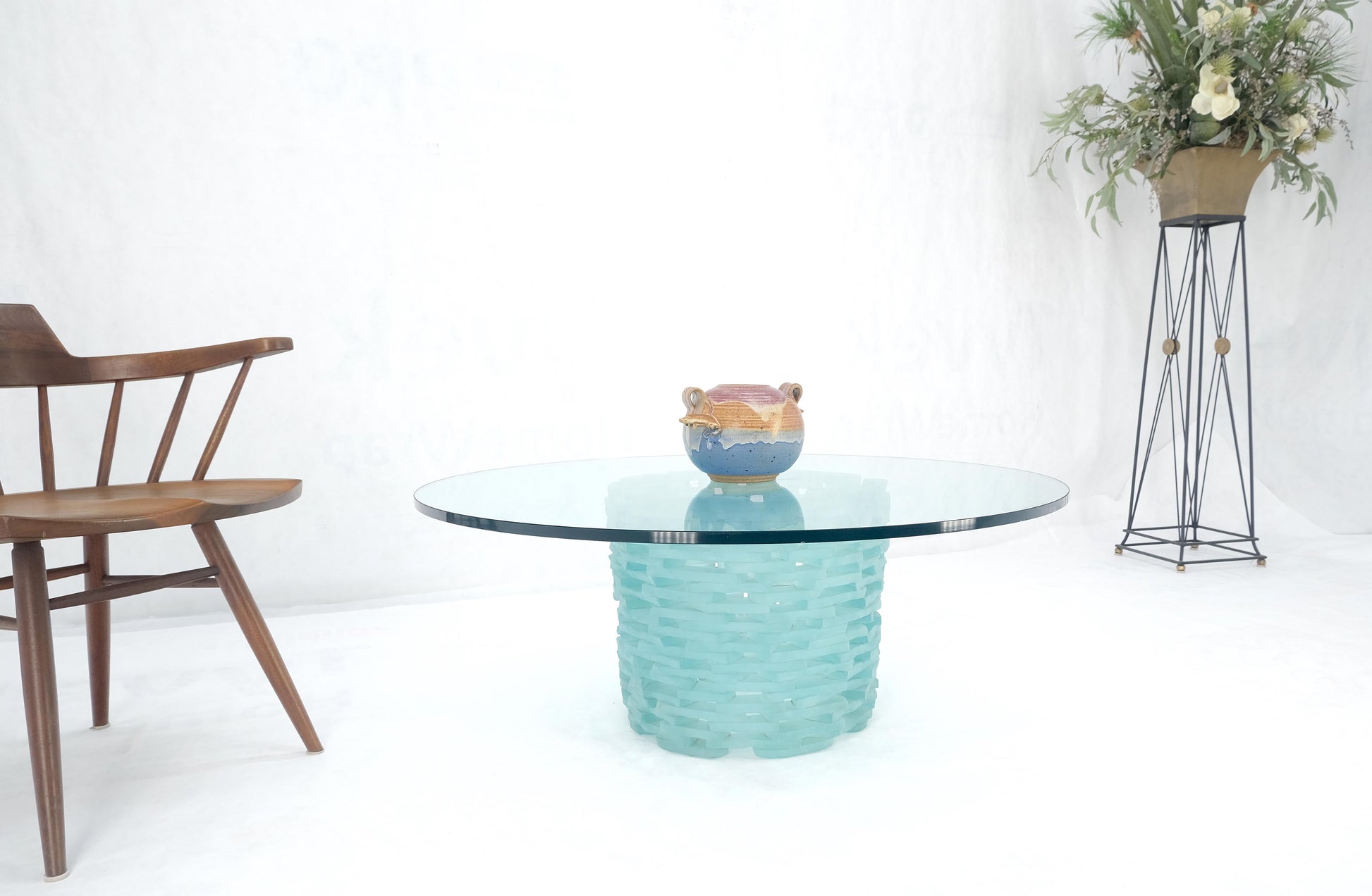 EstablishedLines Fused Glass "Ice" Blocks Round Base Studio Made 3/4" 48" Glass Top Coffee Table