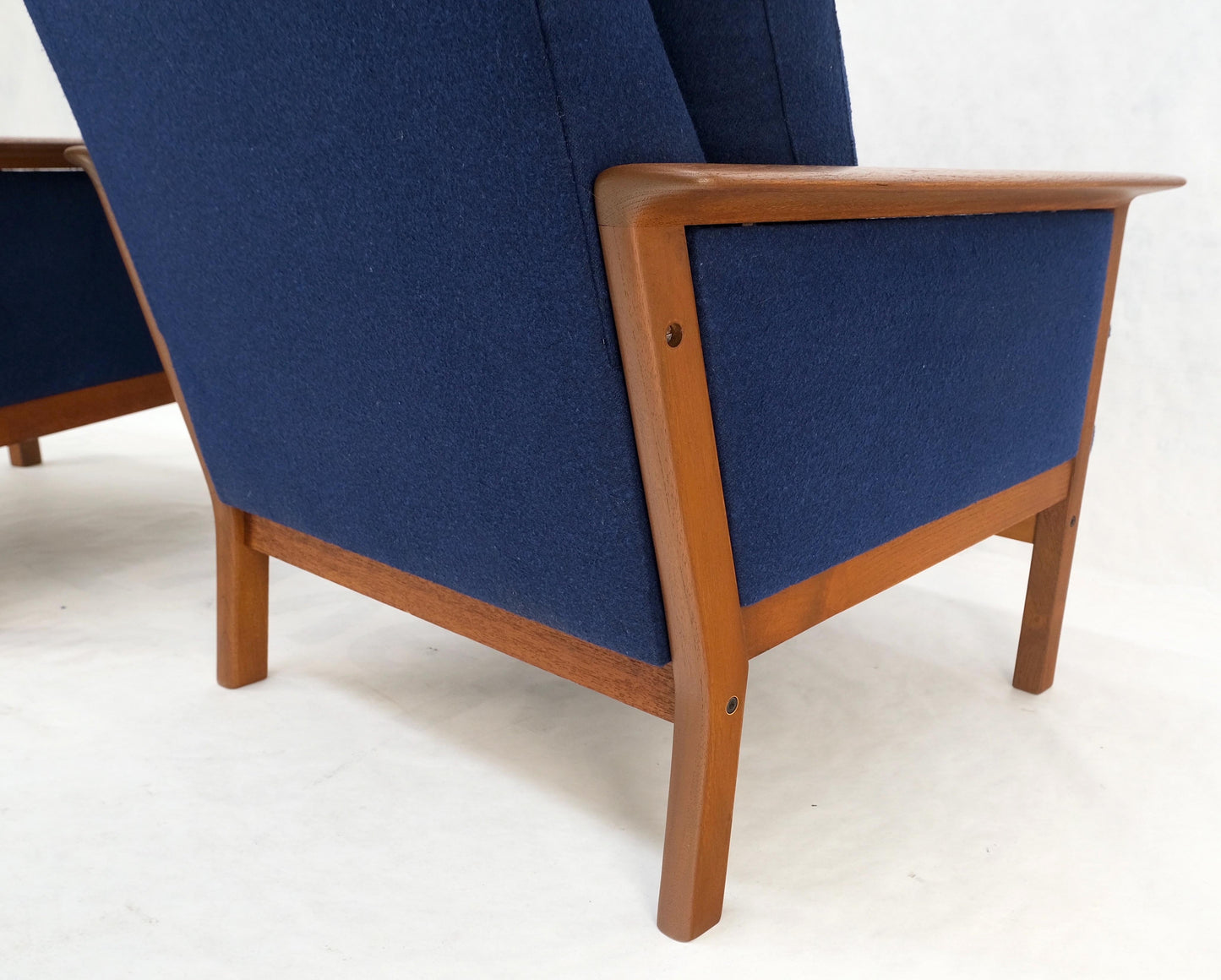 EstablishedLines Danish Mid-Century Modern Teak Frames New Wool Upholstery Lounge Chairs Refinish
