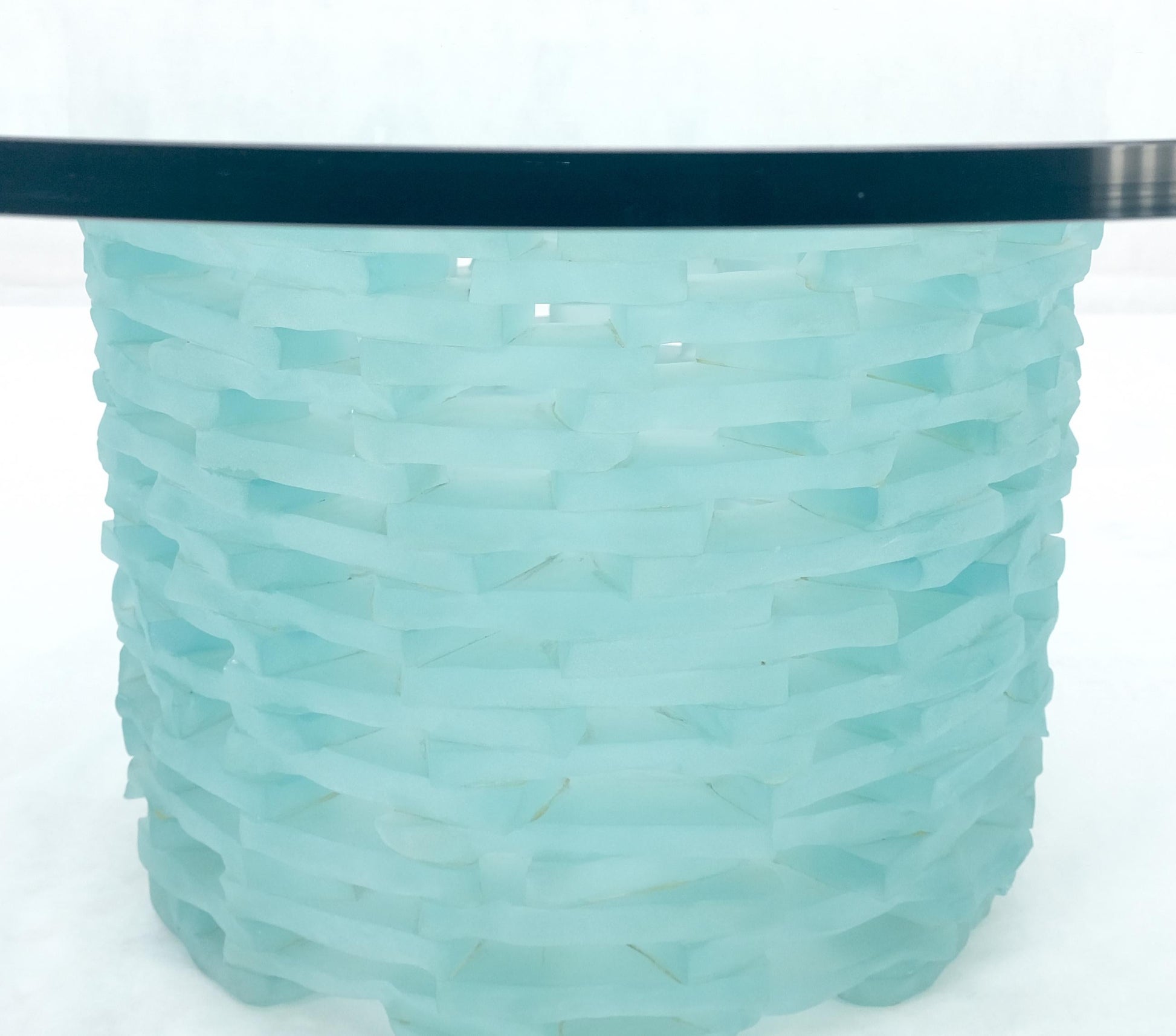 EstablishedLines Fused Glass "Ice" Blocks Round Base Studio Made 3/4" 48" Glass Top Coffee Table