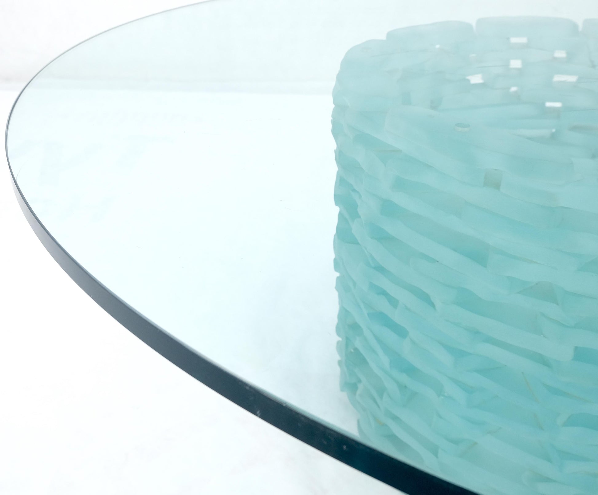 EstablishedLines Fused Glass "Ice" Blocks Round Base Studio Made 3/4" 48" Glass Top Coffee Table