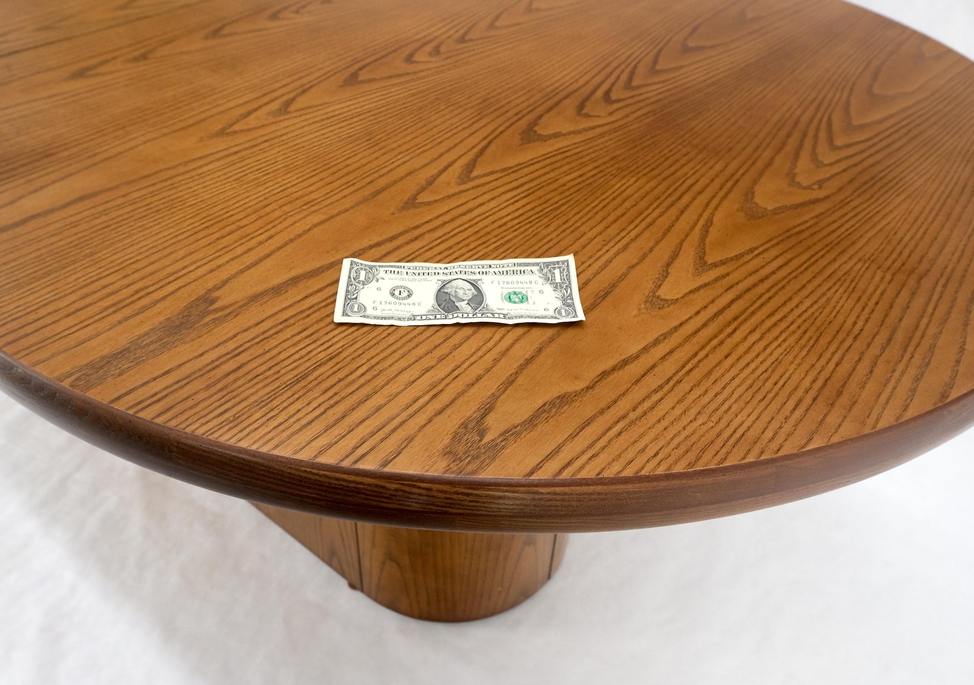 EstablishedLines Single Pedestal Base Oval racetrack Shape Two Leaves Cerused Oak Dining Table