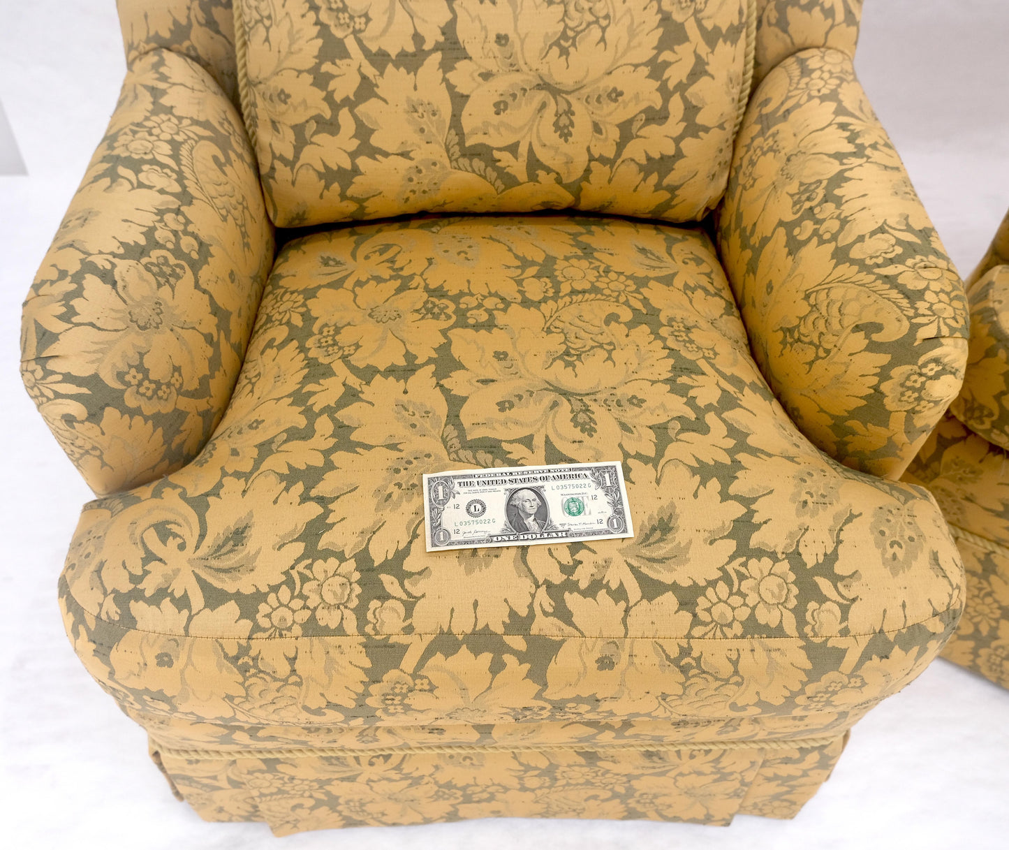 EstablishedLines Pair of Gold Floral Pattern Upholstery Lounge Chairs by Thomasville MINT