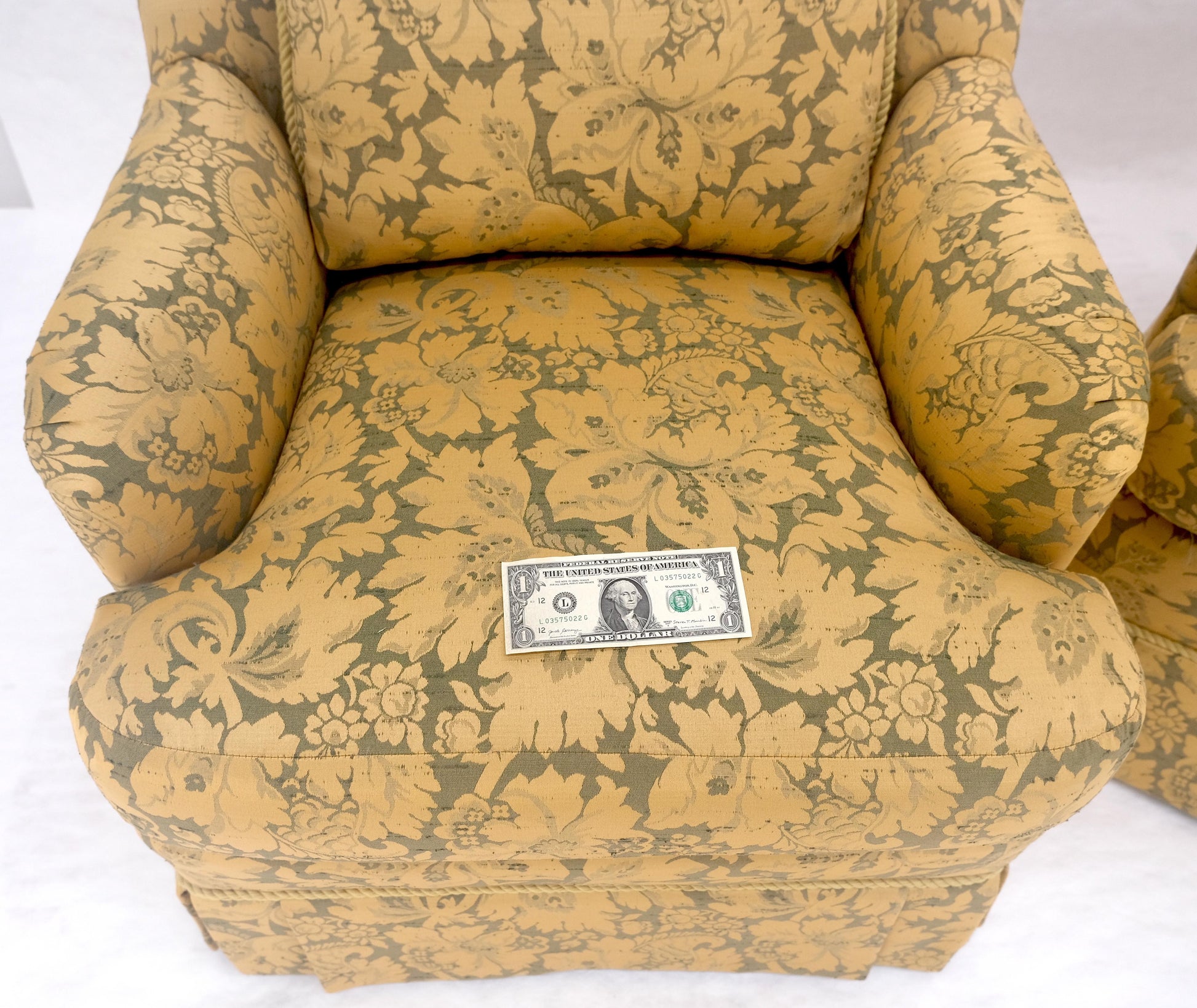 EstablishedLines Pair of Gold Floral Pattern Upholstery Lounge Chairs by Thomasville MINT