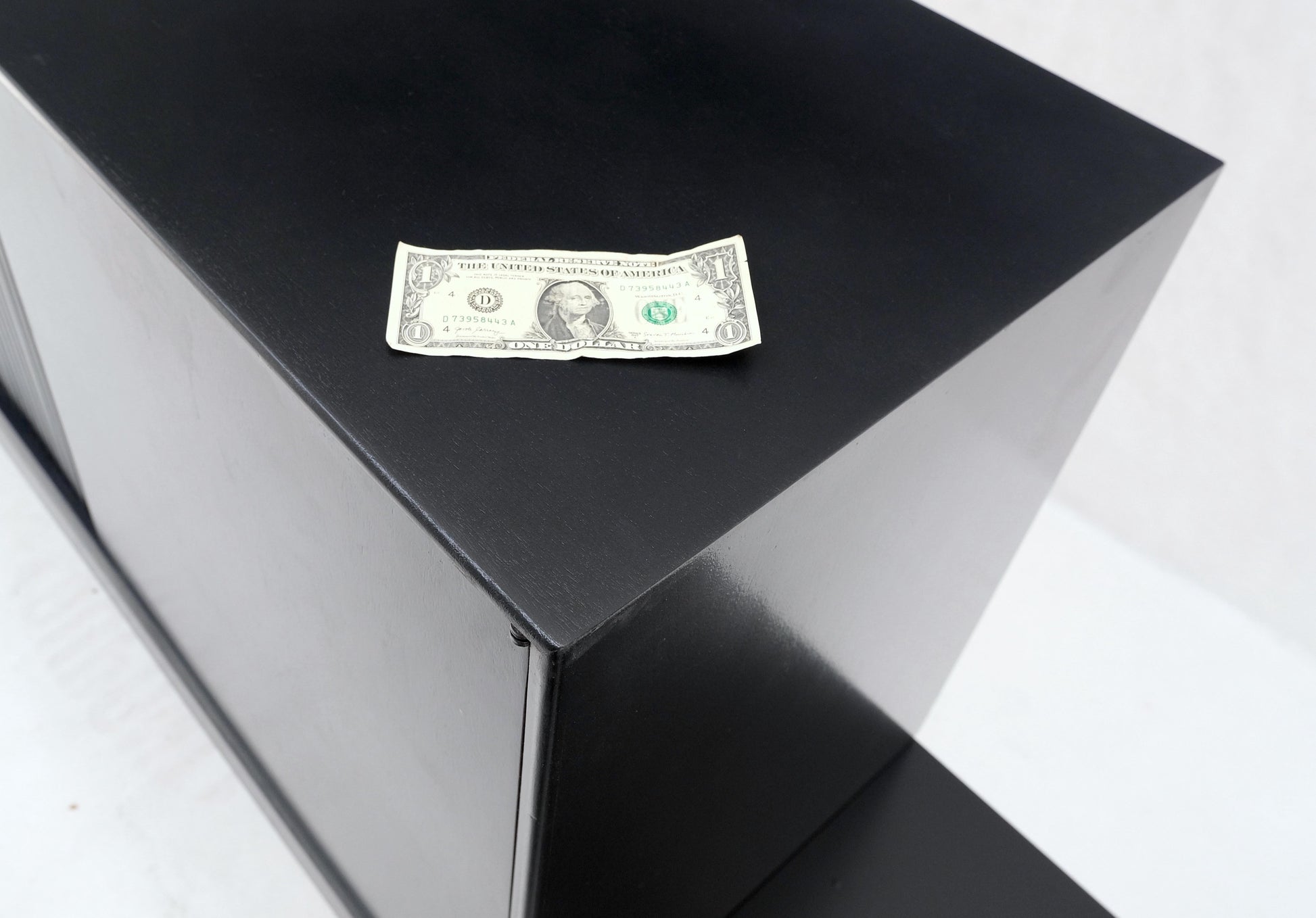 EstablishedLines Black Lacquer Ebonized Tambour Doors Credenza Dresser on Platform Brass Base