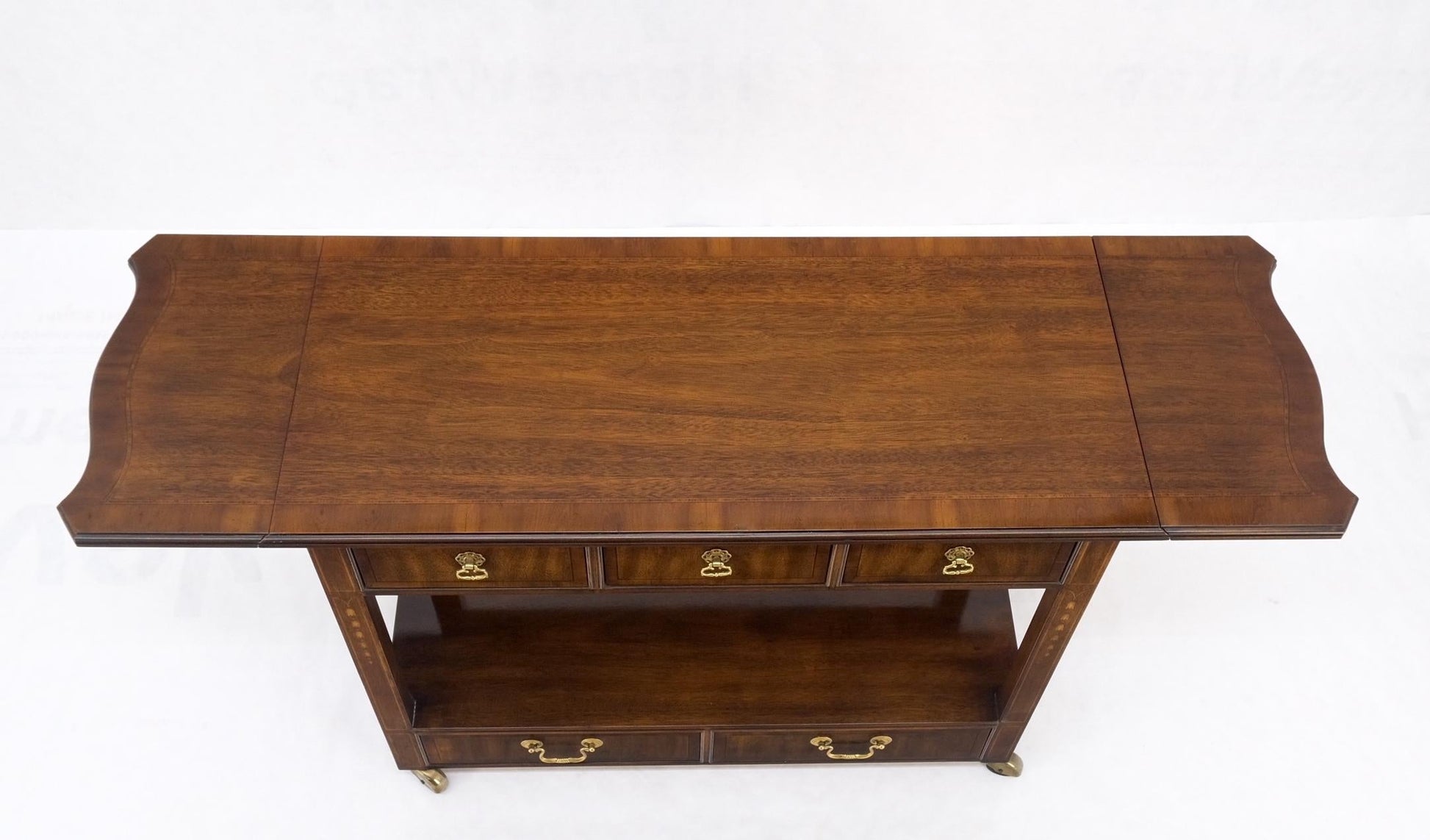 EstablishedLines Mahogany Banded Inlay Drop Leaf Silver Drawer 5 Drawers Server Cart on Wheels