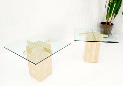 EstablishedLines Pair Travertine Bases Cross Support Glass Top End Side Occational Tables Stands