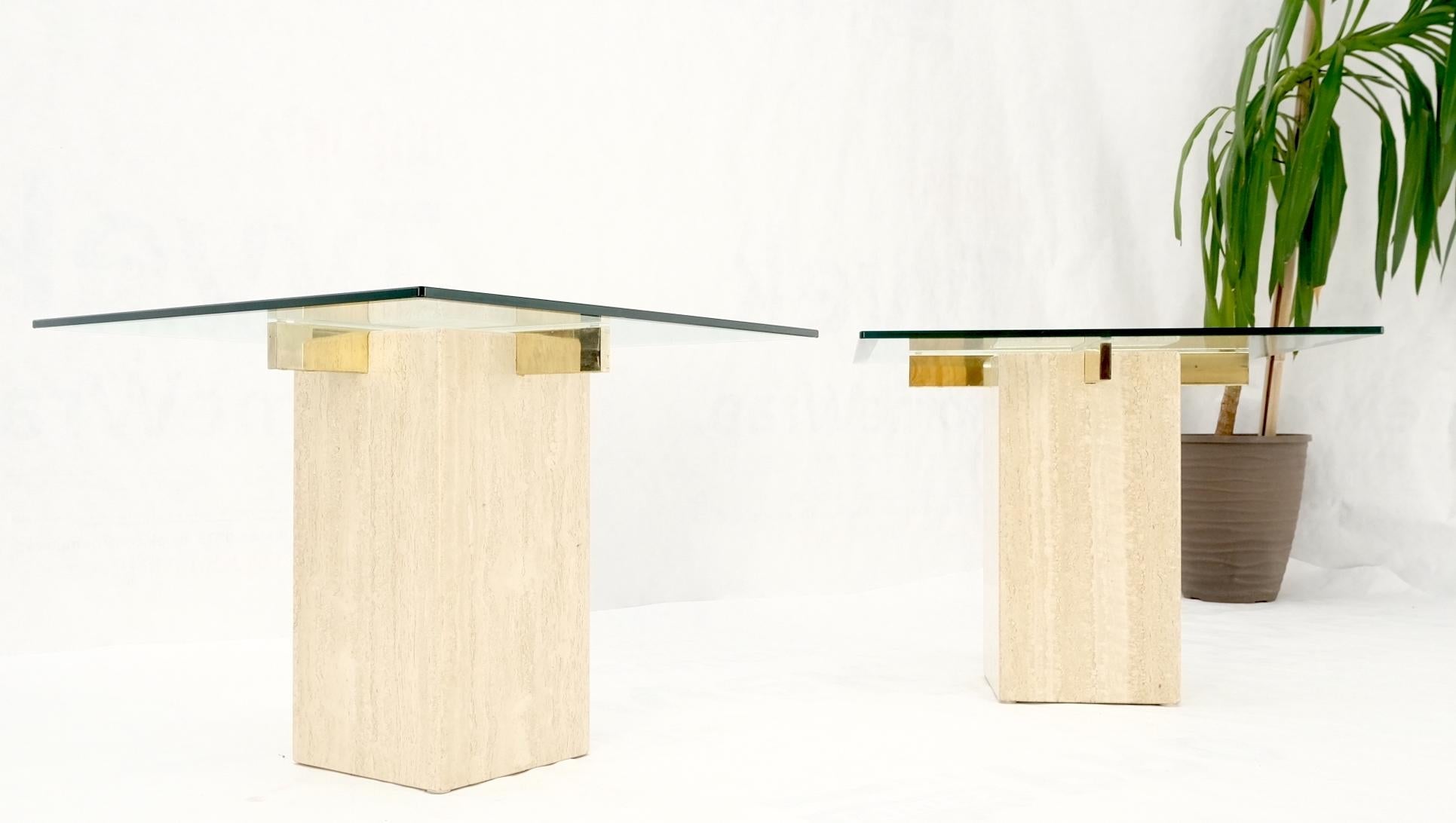 EstablishedLines Pair Travertine Bases Cross Support Glass Top End Side Occational Tables Stands