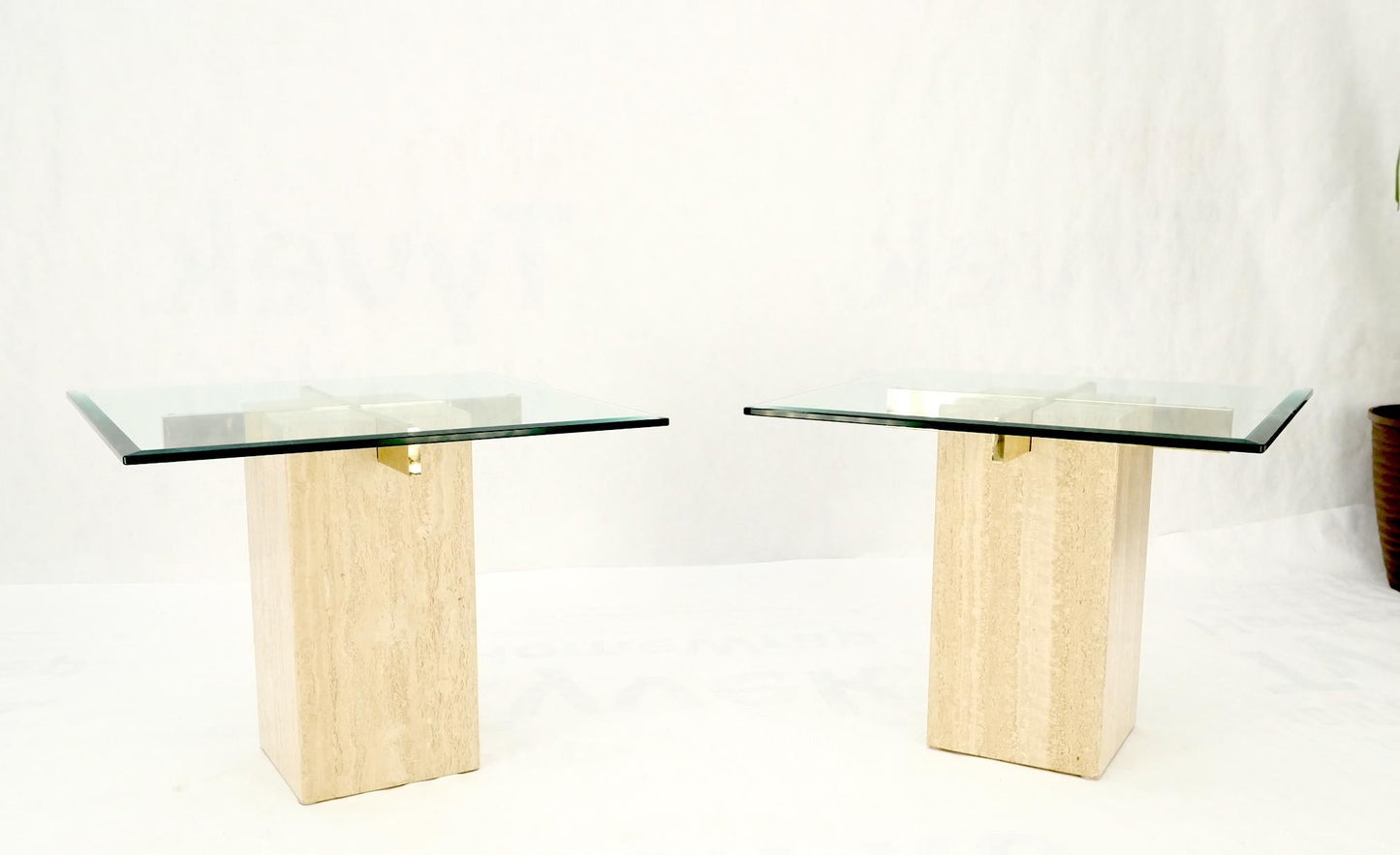 EstablishedLines Pair Travertine Bases Cross Support Glass Top End Side Occational Tables Stands