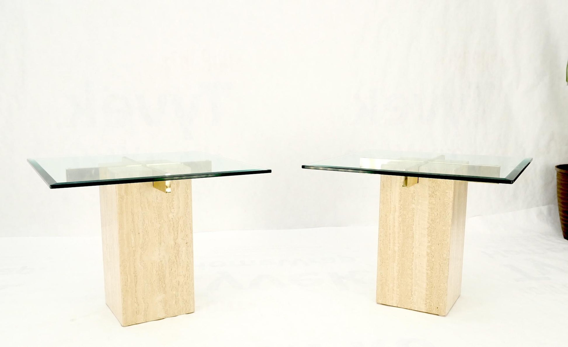EstablishedLines Pair Travertine Bases Cross Support Glass Top End Side Occational Tables Stands