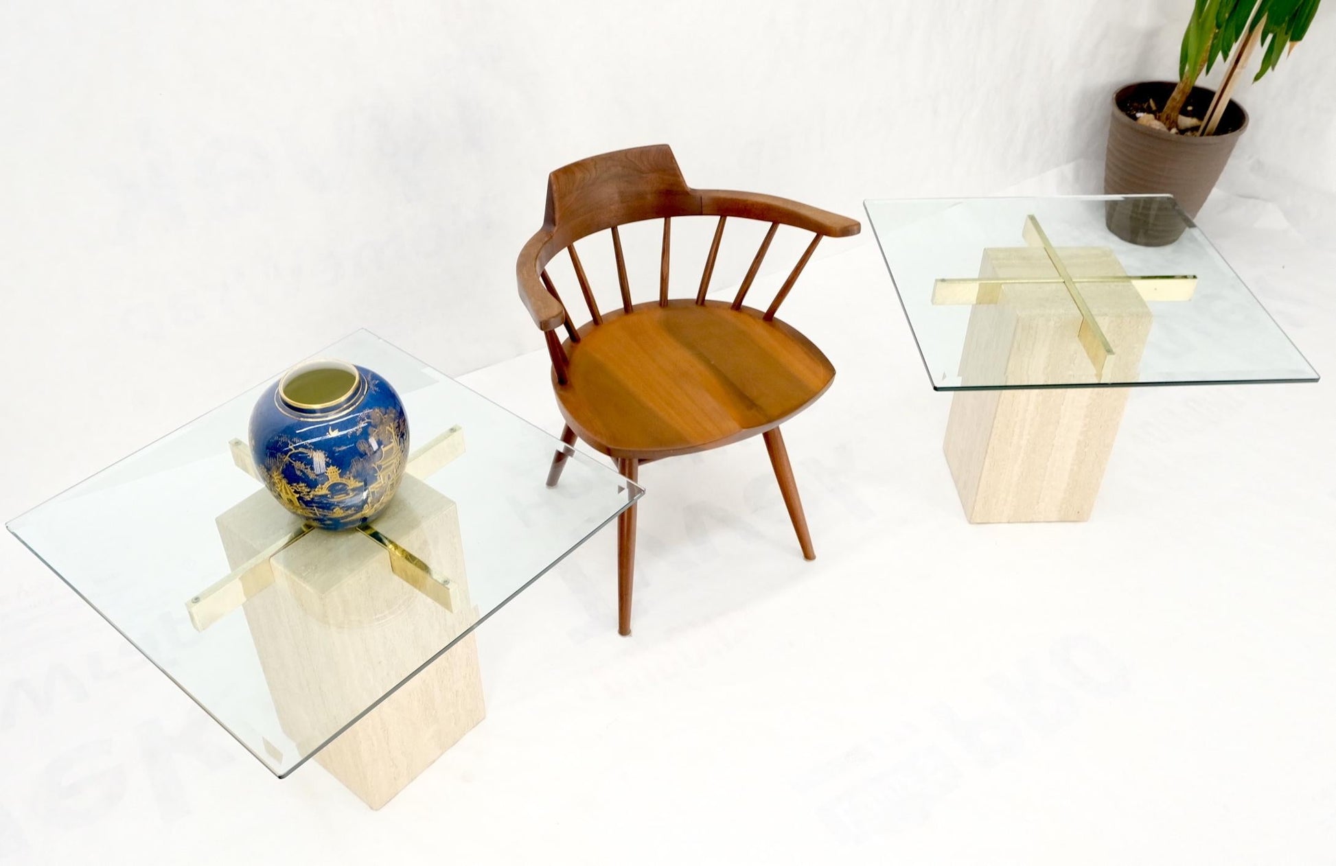 EstablishedLines Pair Travertine Bases Cross Support Glass Top End Side Occational Tables Stands