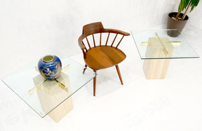 EstablishedLines Pair Travertine Bases Cross Support Glass Top End Side Occational Tables Stands