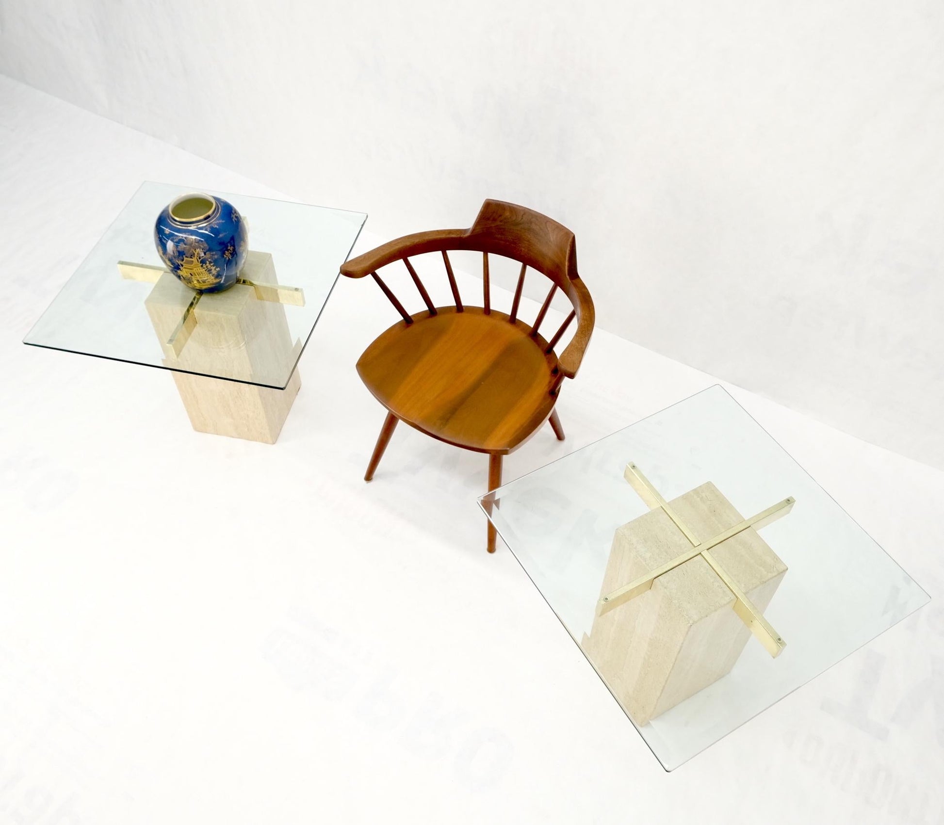 EstablishedLines Pair Travertine Bases Cross Support Glass Top End Side Occational Tables Stands