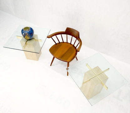EstablishedLines Pair Travertine Bases Cross Support Glass Top End Side Occational Tables Stands