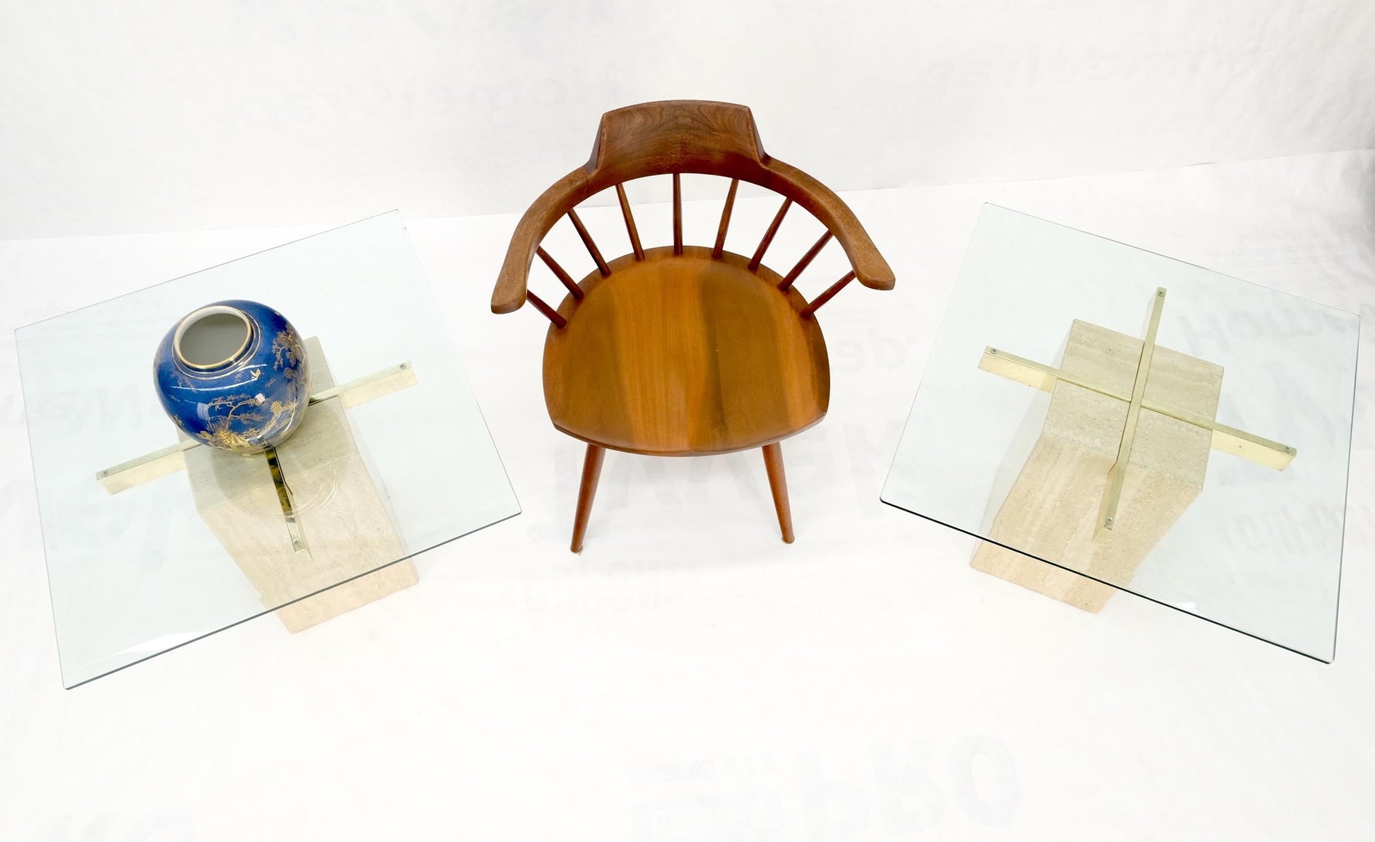 EstablishedLines Pair Travertine Bases Cross Support Glass Top End Side Occational Tables Stands
