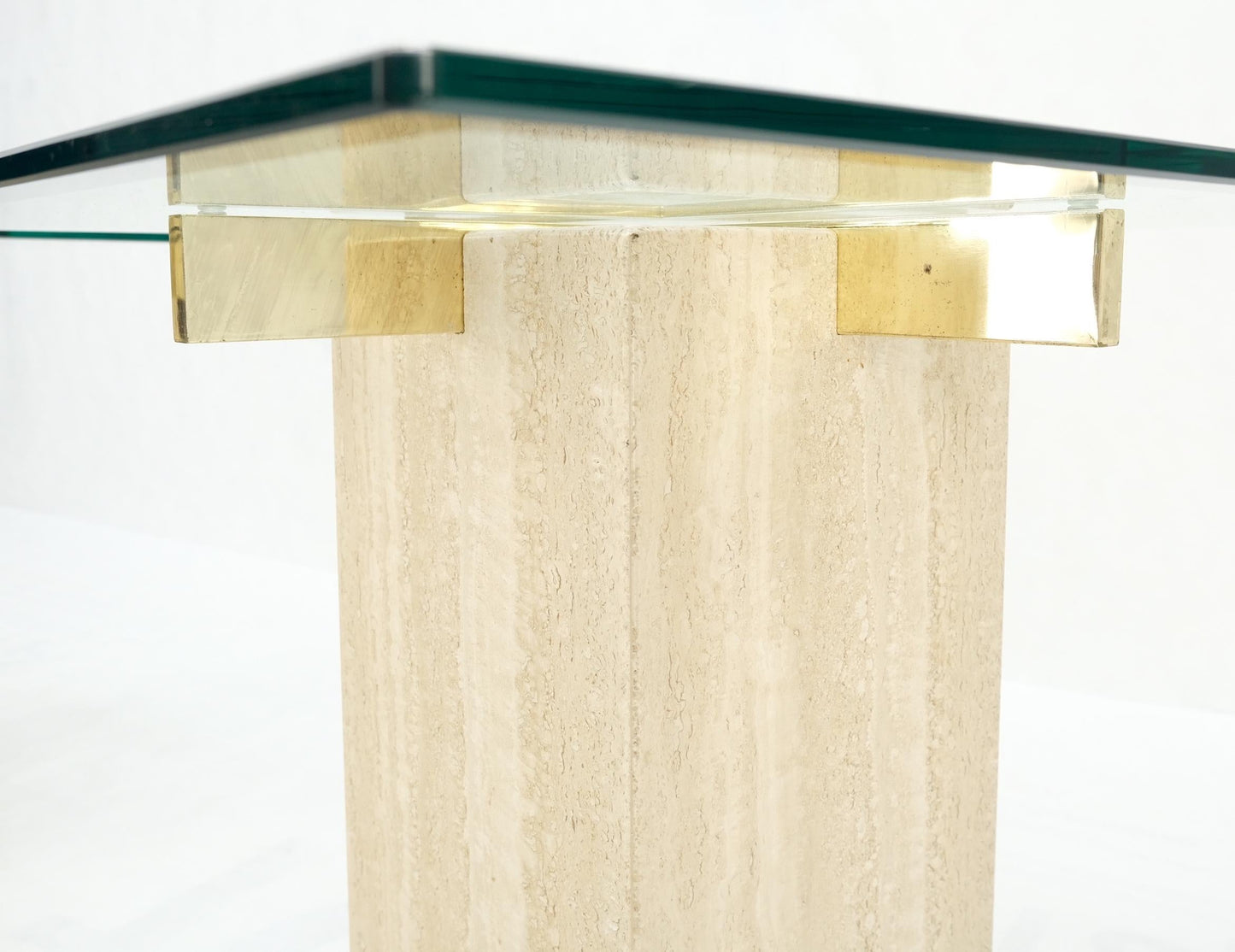 EstablishedLines Pair Travertine Bases Cross Support Glass Top End Side Occational Tables Stands