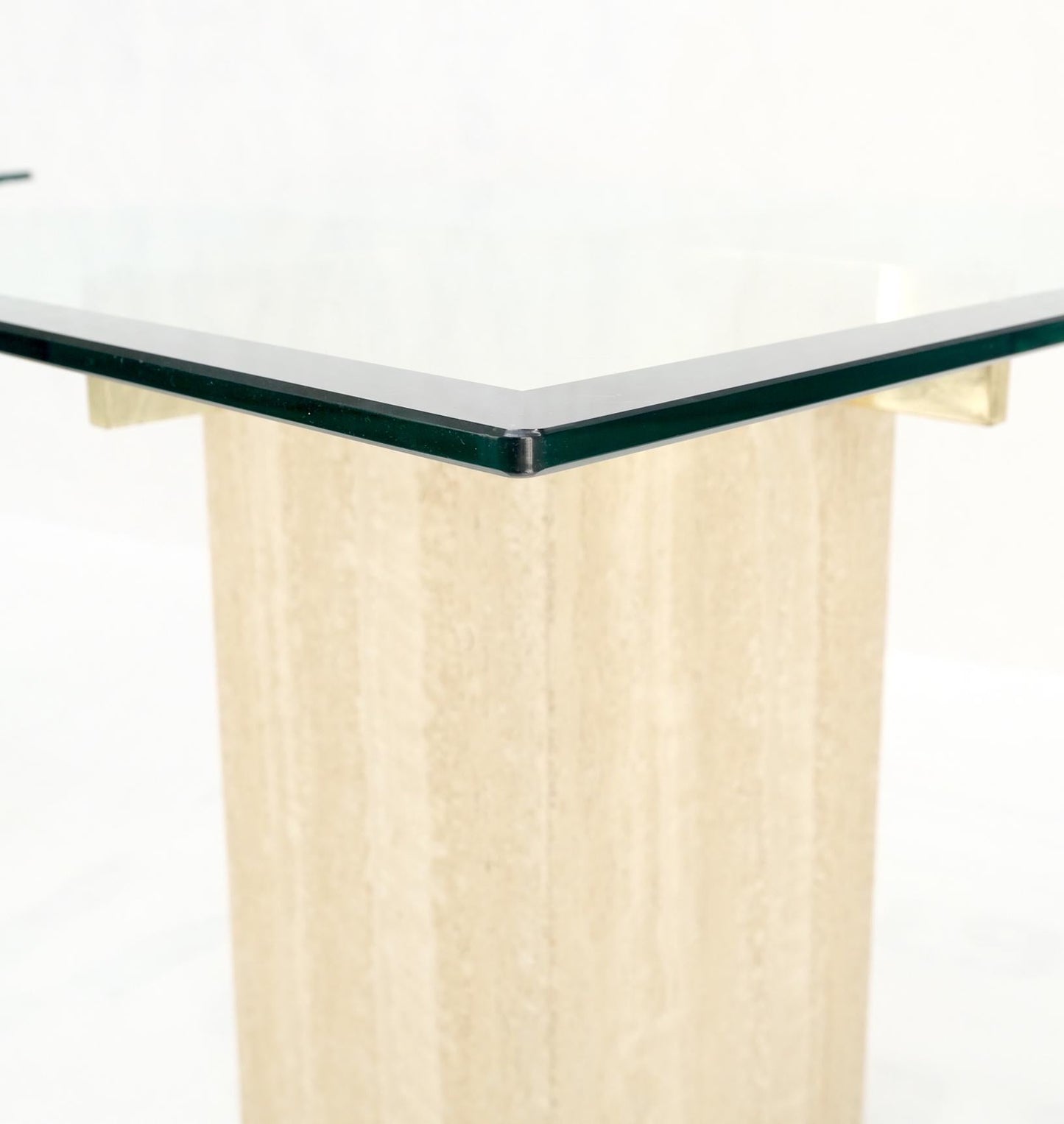 EstablishedLines Pair Travertine Bases Cross Support Glass Top End Side Occational Tables Stands