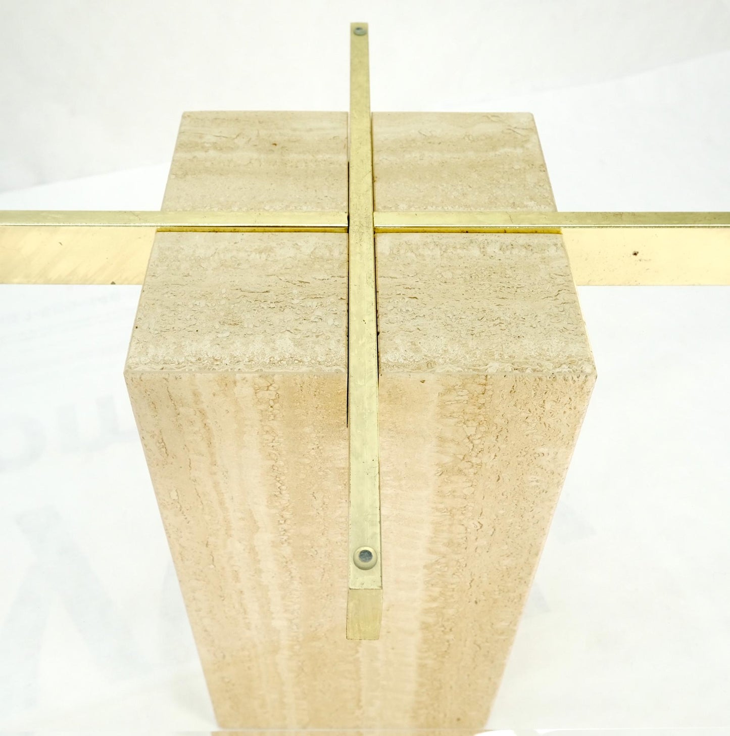 EstablishedLines Pair Travertine Bases Cross Support Glass Top End Side Occational Tables Stands