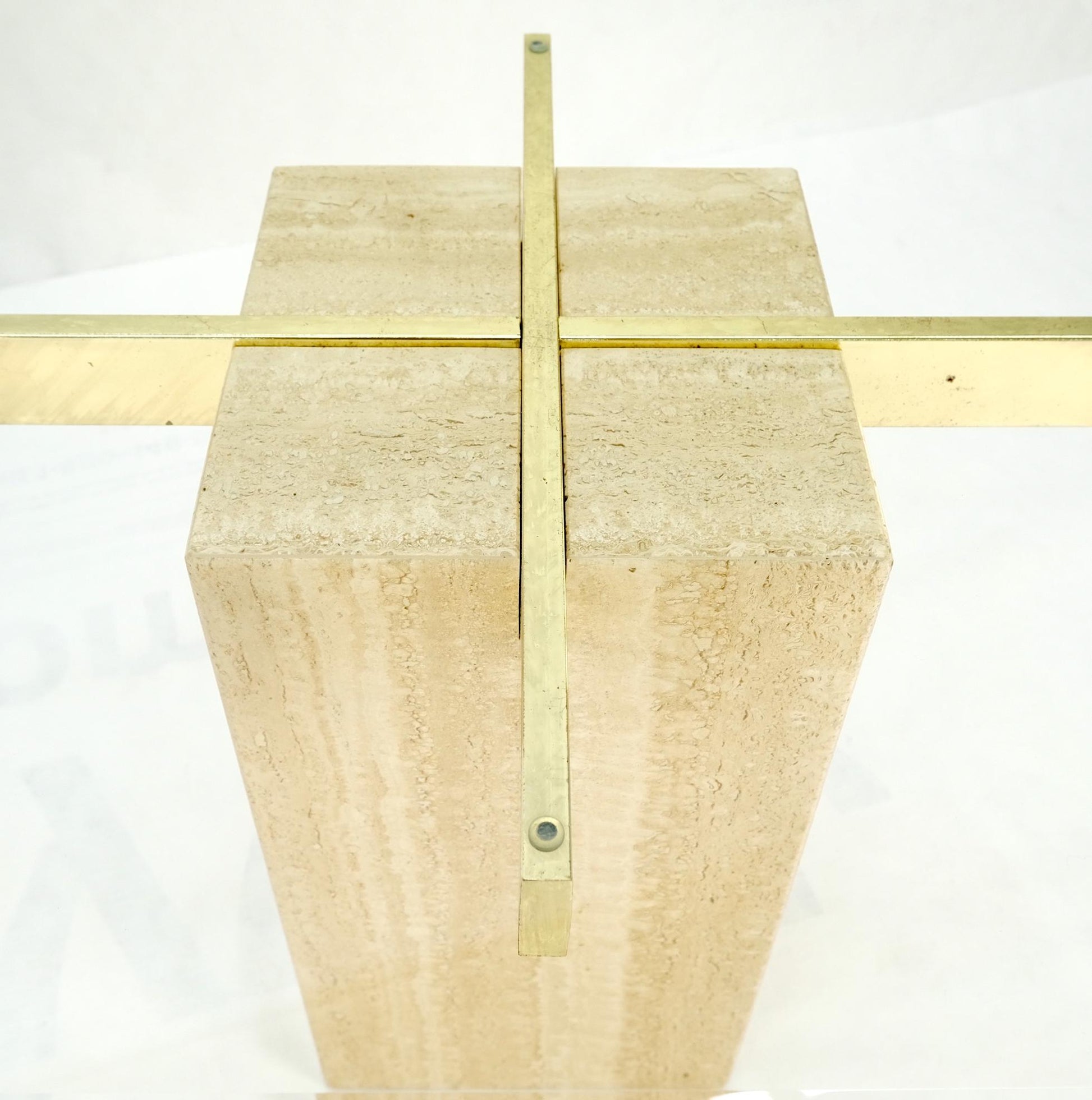 EstablishedLines Pair Travertine Bases Cross Support Glass Top End Side Occational Tables Stands