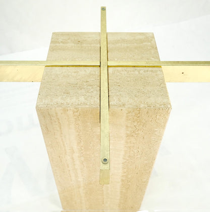 EstablishedLines Pair Travertine Bases Cross Support Glass Top End Side Occational Tables Stands
