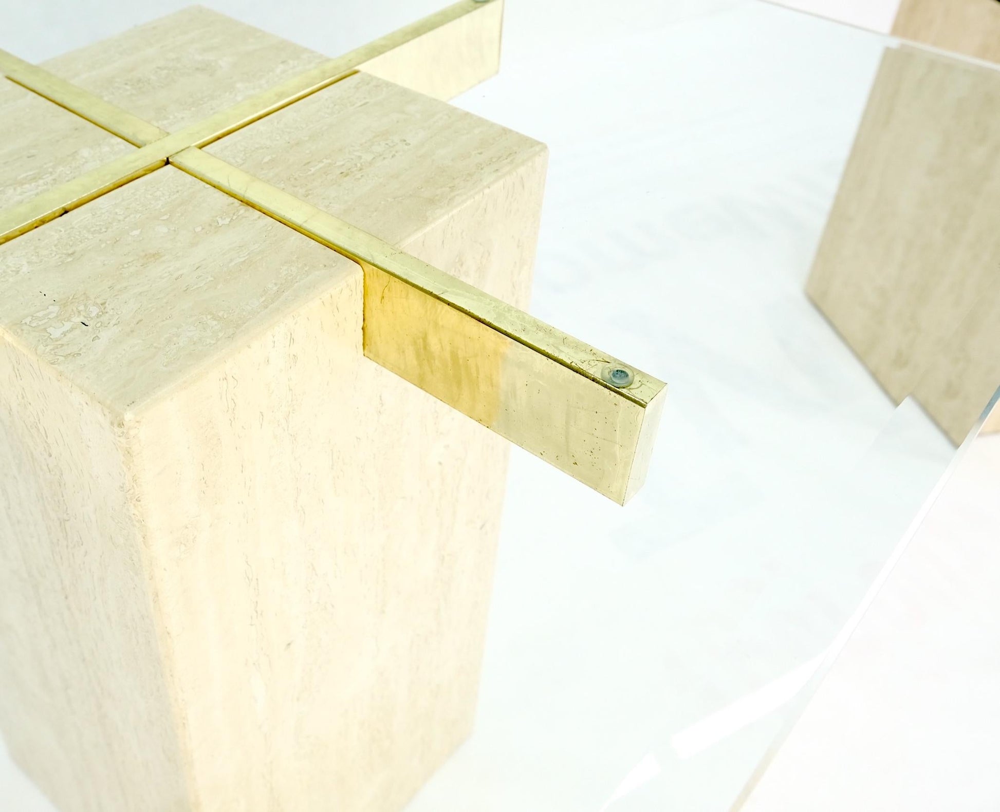 EstablishedLines Pair Travertine Bases Cross Support Glass Top End Side Occational Tables Stands