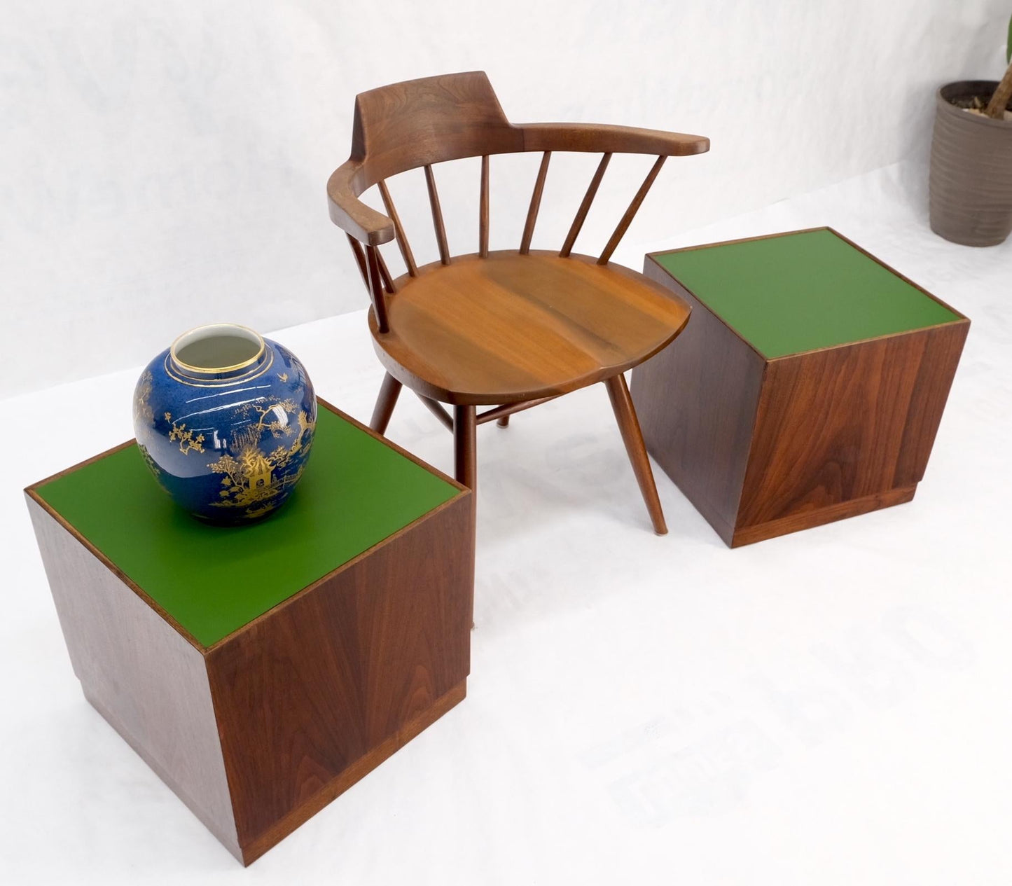 EstablishedLines Pair of Cube Shape Walnut Mid-Century Modern End Side Occasional Tables Stands