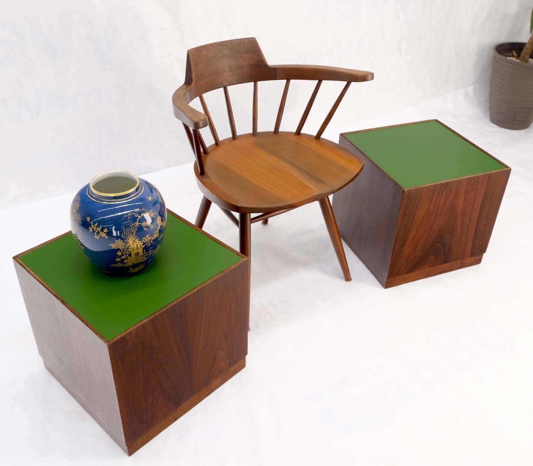 EstablishedLines Pair of Cube Shape Walnut Mid-Century Modern End Side Occasional Tables Stands