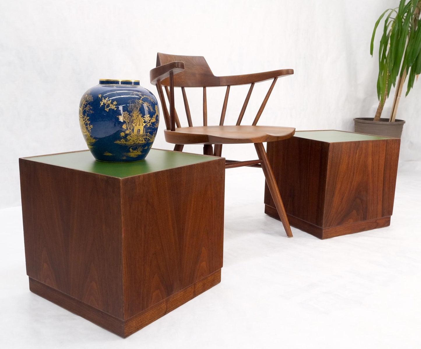 EstablishedLines Pair of Cube Shape Walnut Mid-Century Modern End Side Occasional Tables Stands