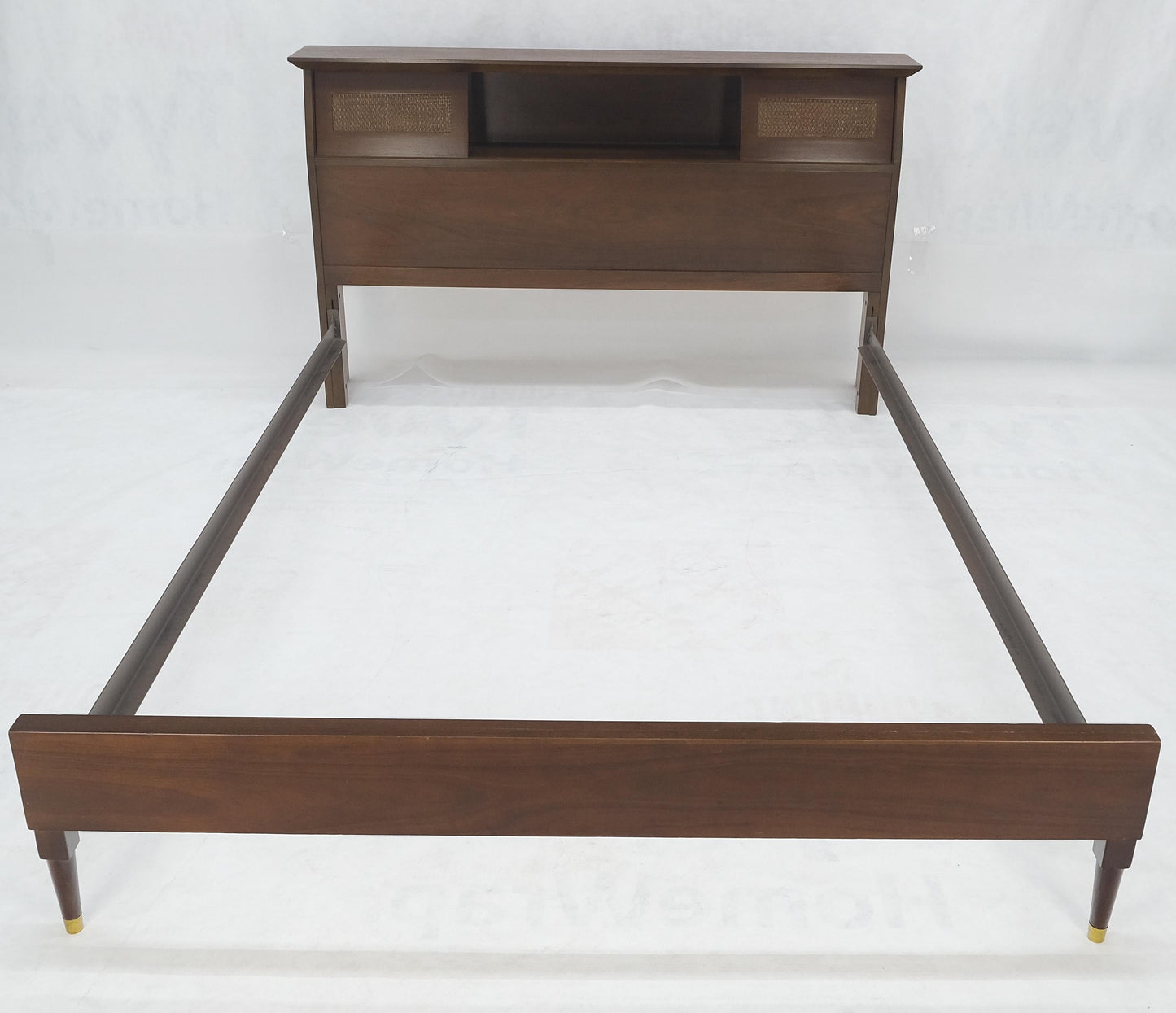 EstablishedLines Walnut Storage Compartment Wedge Shape Headboard Queen Size Bed w/ Rails MINT
