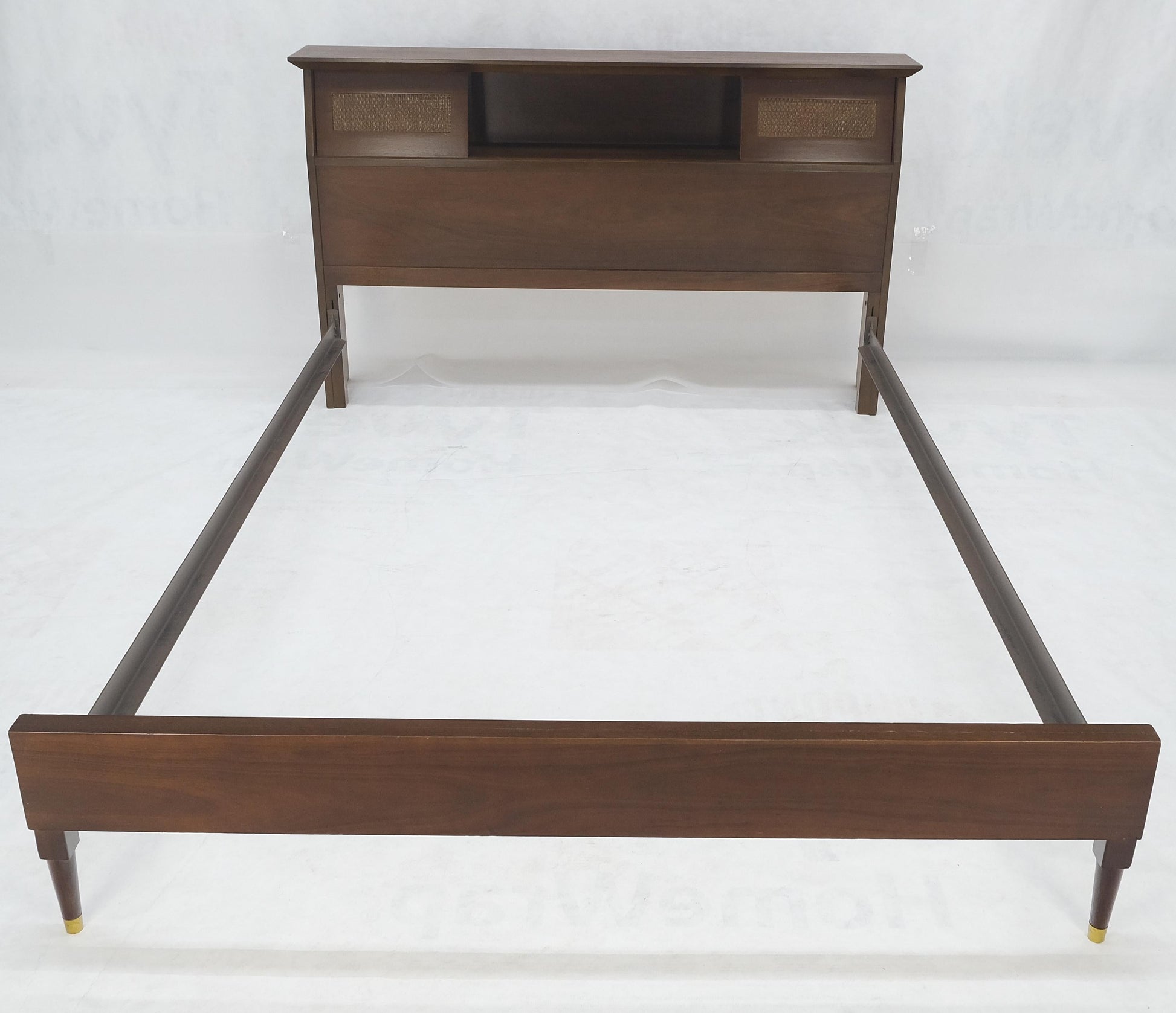 EstablishedLines Walnut Storage Compartment Wedge Shape Headboard Queen Size Bed w/ Rails MINT