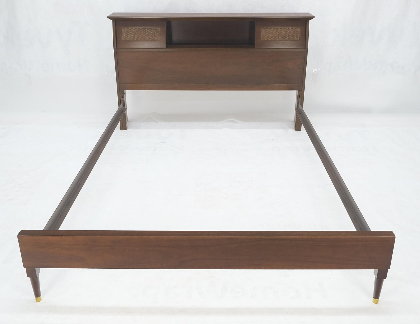 EstablishedLines Walnut Storage Compartment Wedge Shape Headboard Queen Size Bed w/ Rails MINT