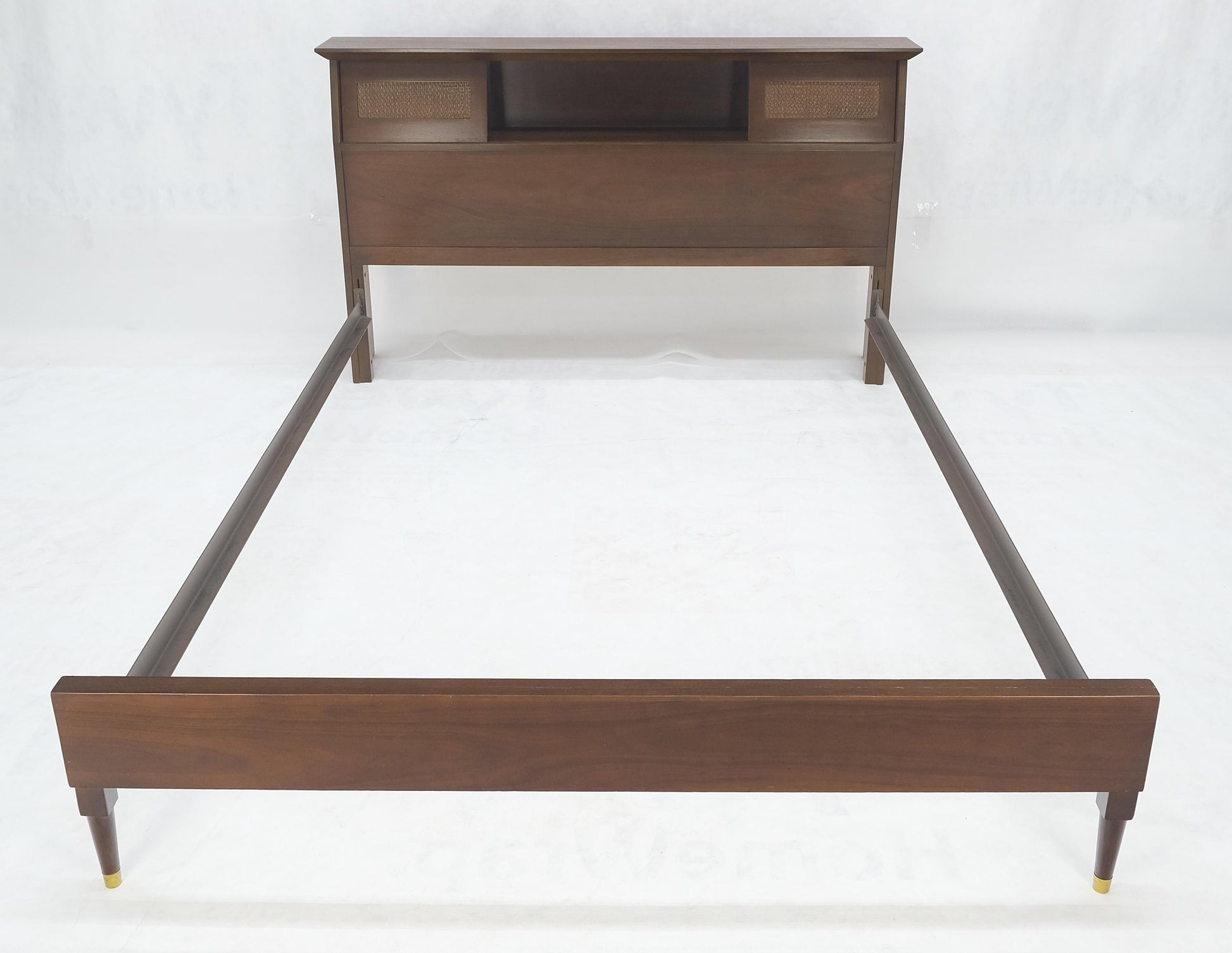 EstablishedLines Walnut Storage Compartment Wedge Shape Headboard Queen Size Bed w/ Rails MINT