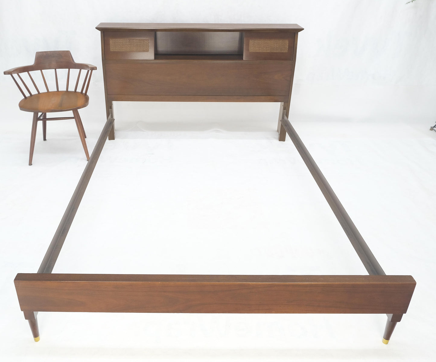 EstablishedLines Walnut Storage Compartment Wedge Shape Headboard Queen Size Bed w/ Rails MINT