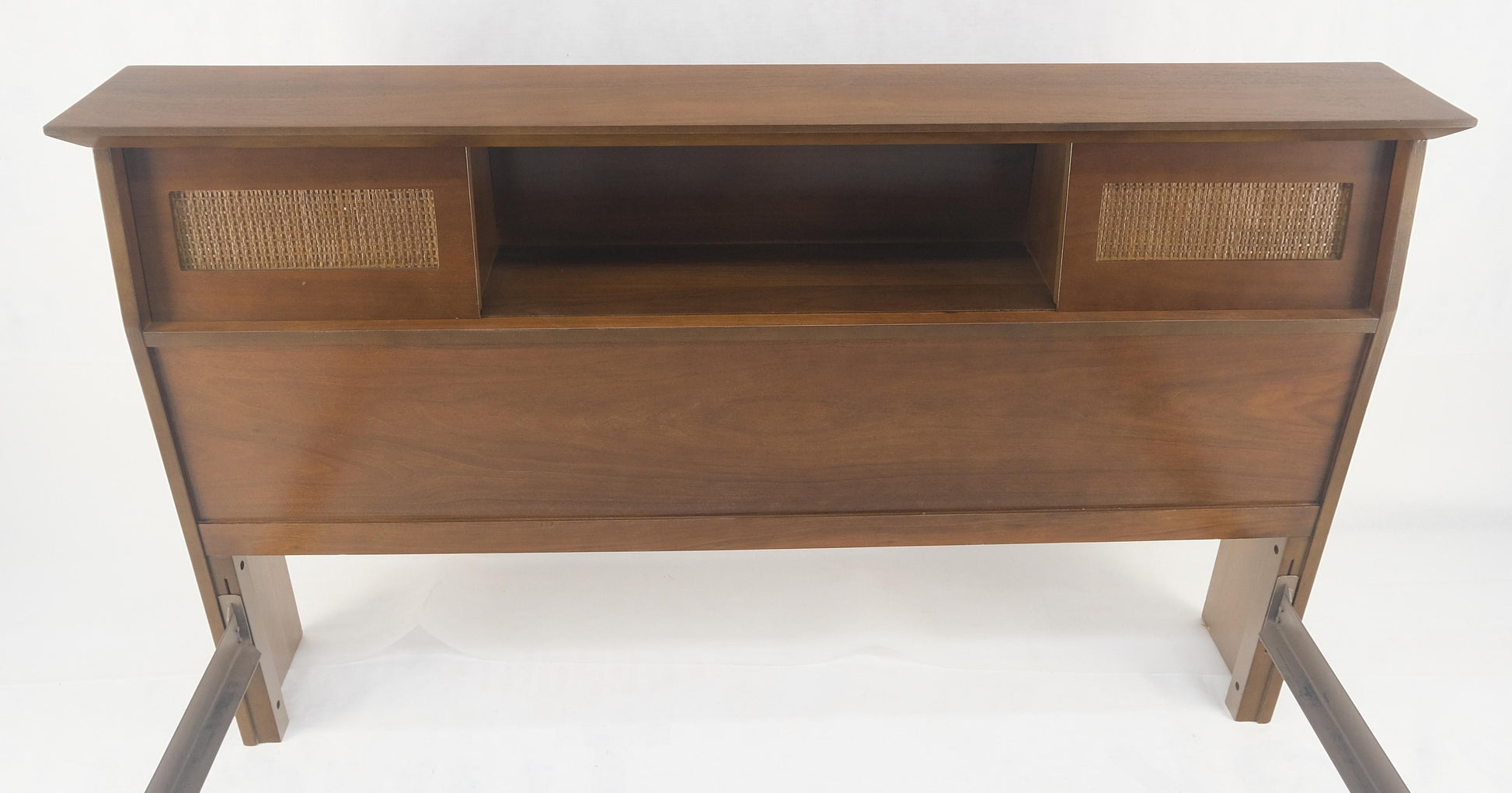 EstablishedLines Walnut Storage Compartment Wedge Shape Headboard Queen Size Bed w/ Rails MINT