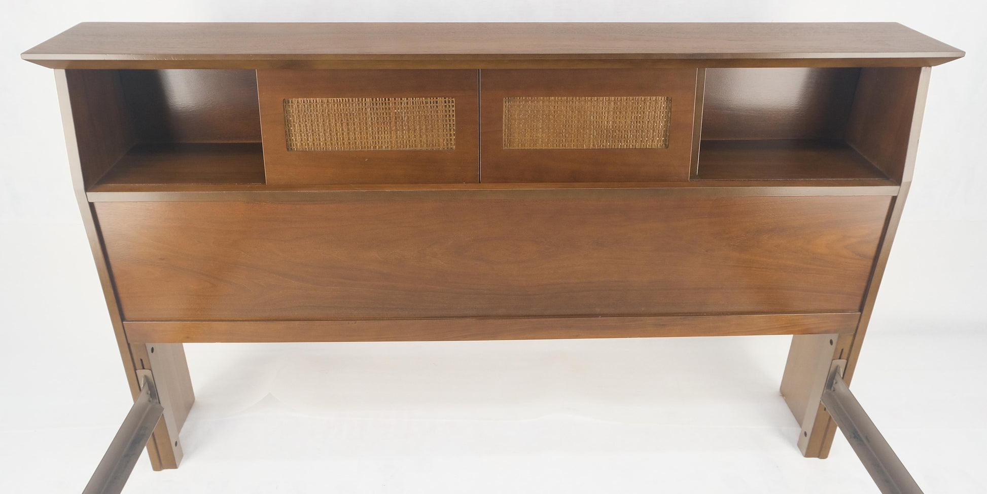 EstablishedLines Walnut Storage Compartment Wedge Shape Headboard Queen Size Bed w/ Rails MINT