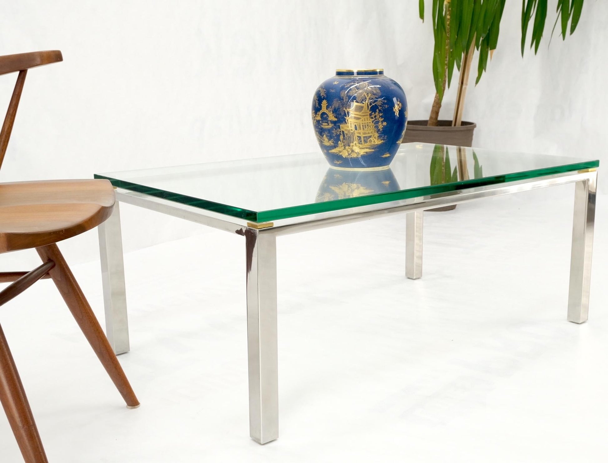 EstablishedLines Polished Stainless Steel & Brass Glass Top Rectangle Coffee Table Mid Century