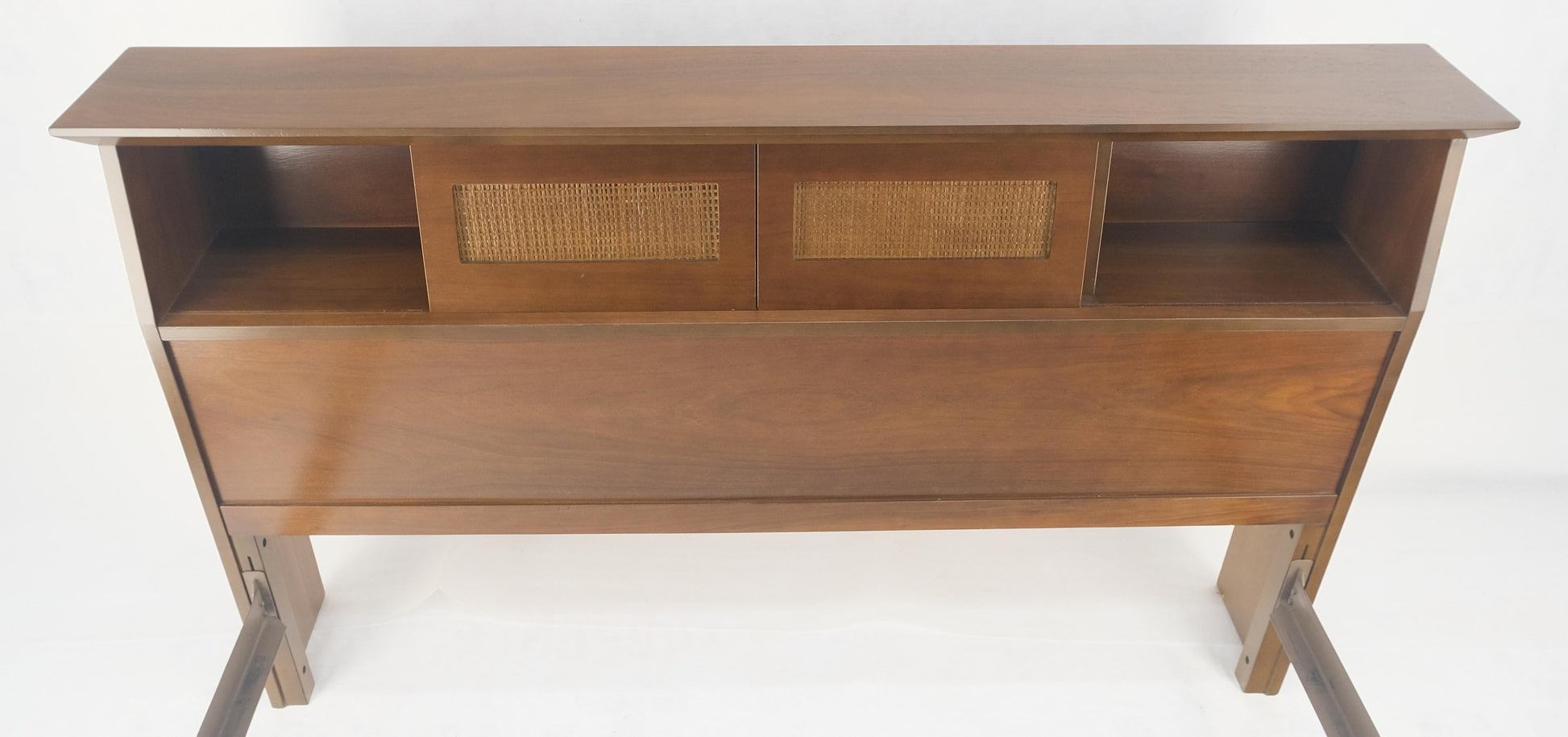 EstablishedLines Walnut Storage Compartment Wedge Shape Headboard Queen Size Bed w/ Rails MINT