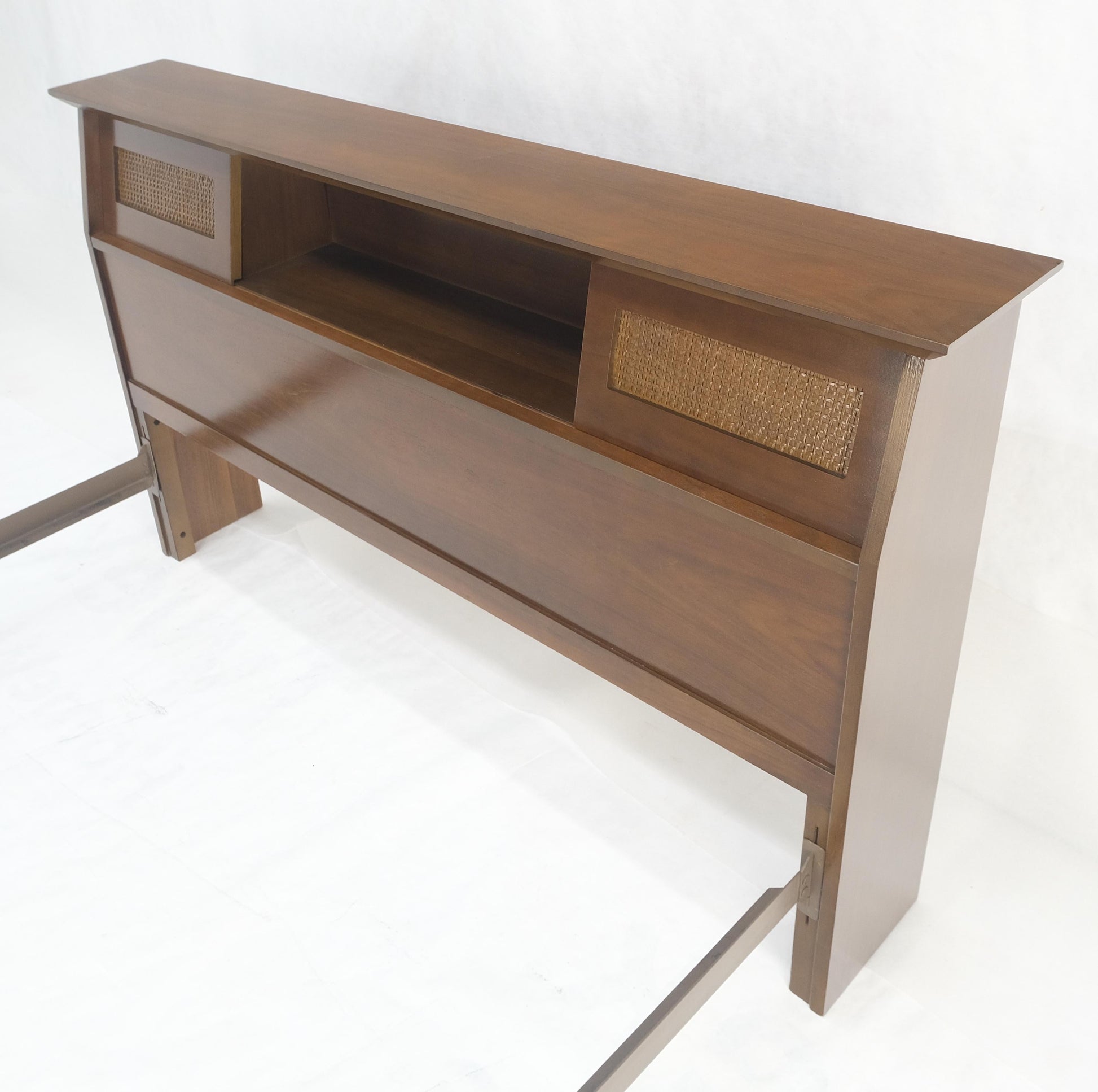 EstablishedLines Walnut Storage Compartment Wedge Shape Headboard Queen Size Bed w/ Rails MINT