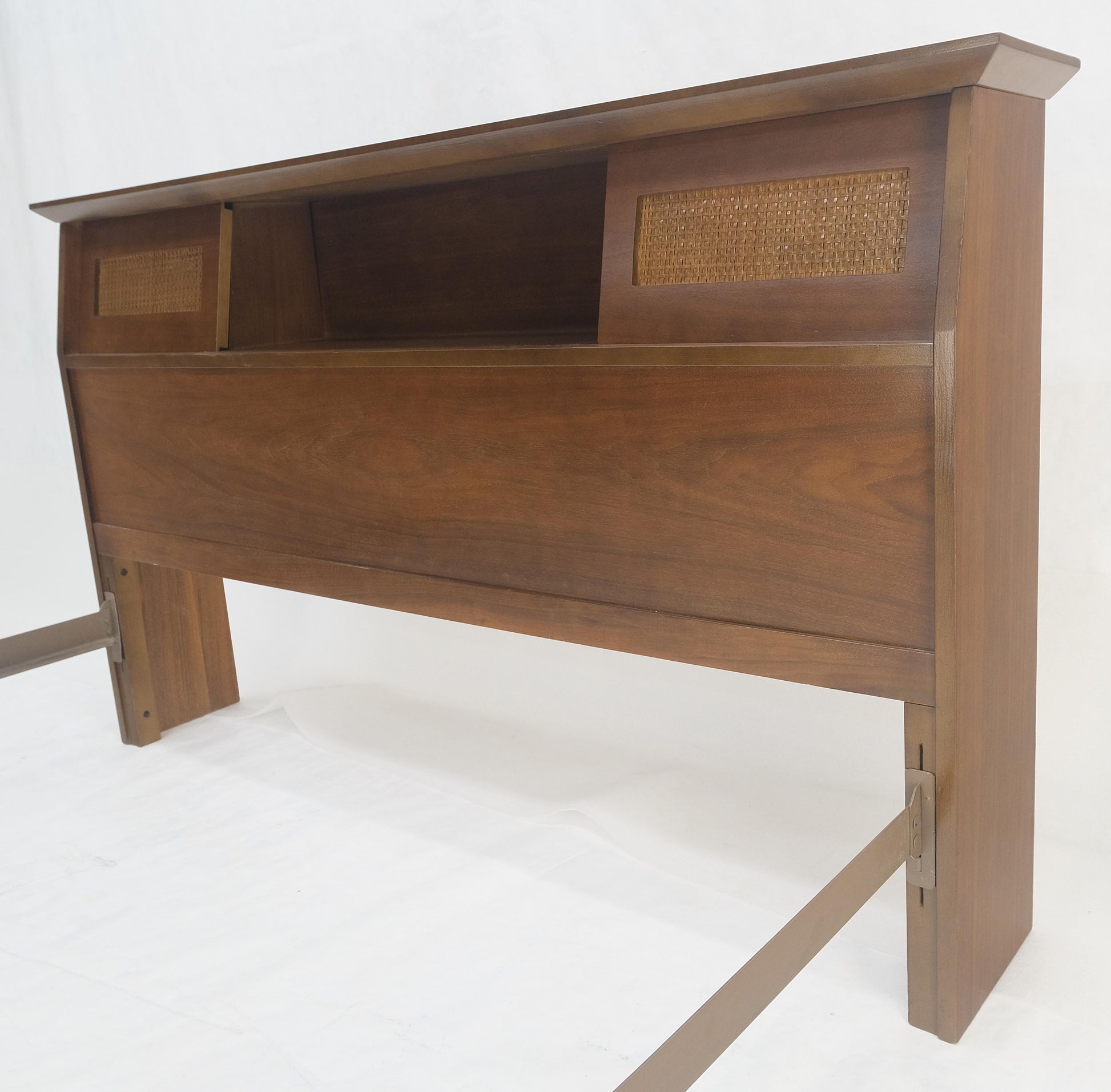 EstablishedLines Walnut Storage Compartment Wedge Shape Headboard Queen Size Bed w/ Rails MINT