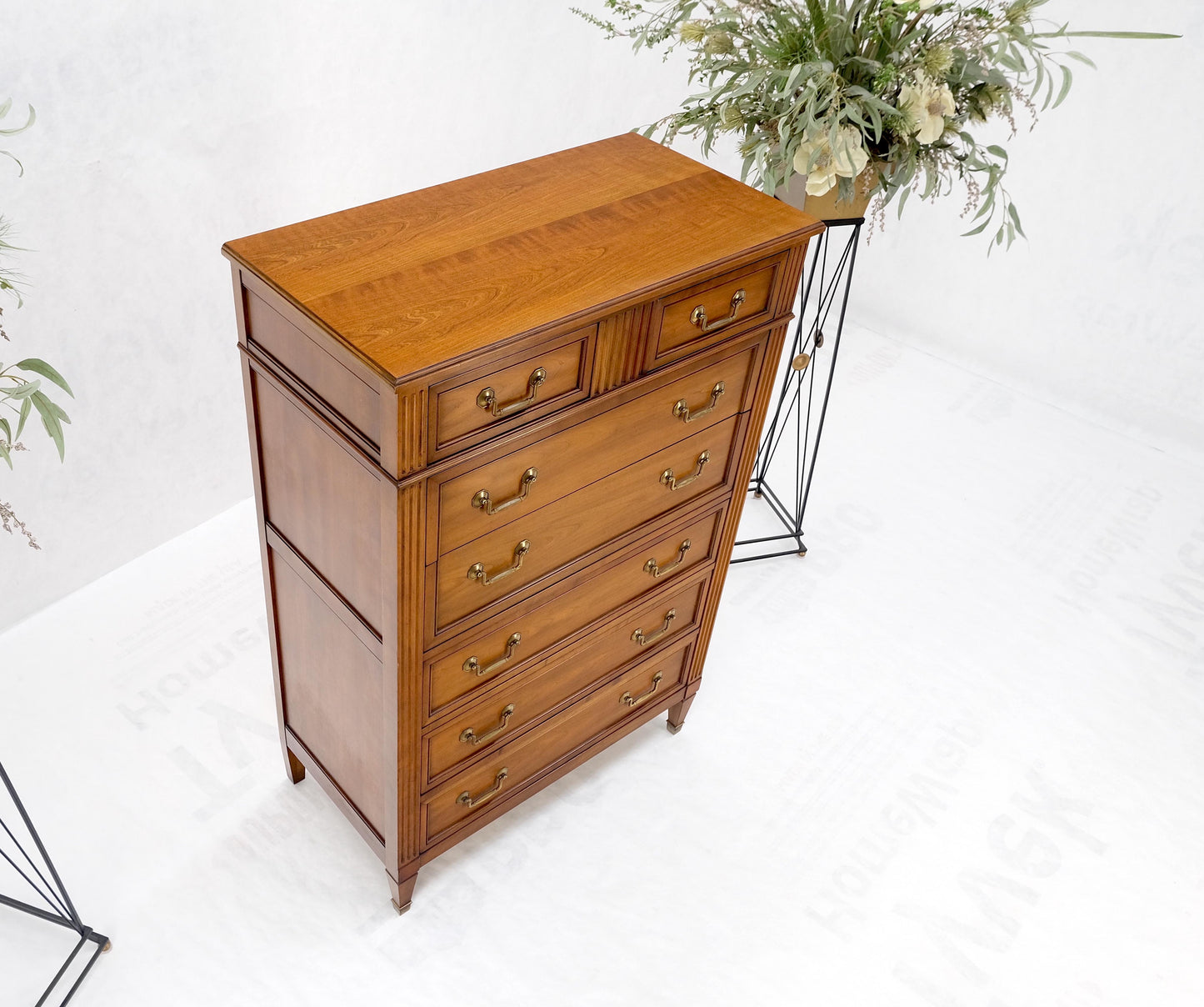 EstablishedLines Kindel 7 Drawers Fruitwood Heavy Brass Drop Pulls High Chest Tall Dresser Mint!