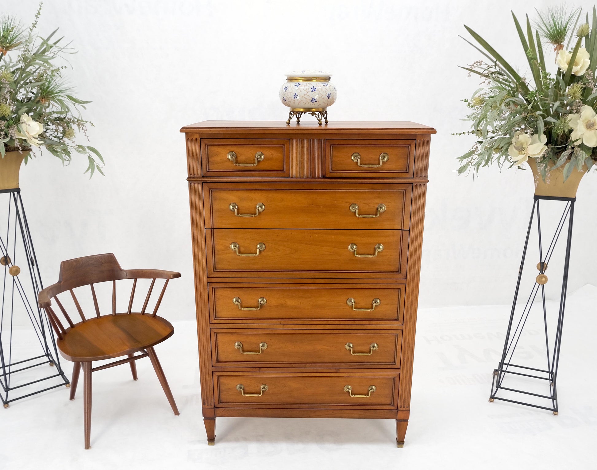 EstablishedLines Kindel 7 Drawers Fruitwood Heavy Brass Drop Pulls High Chest Tall Dresser Mint!