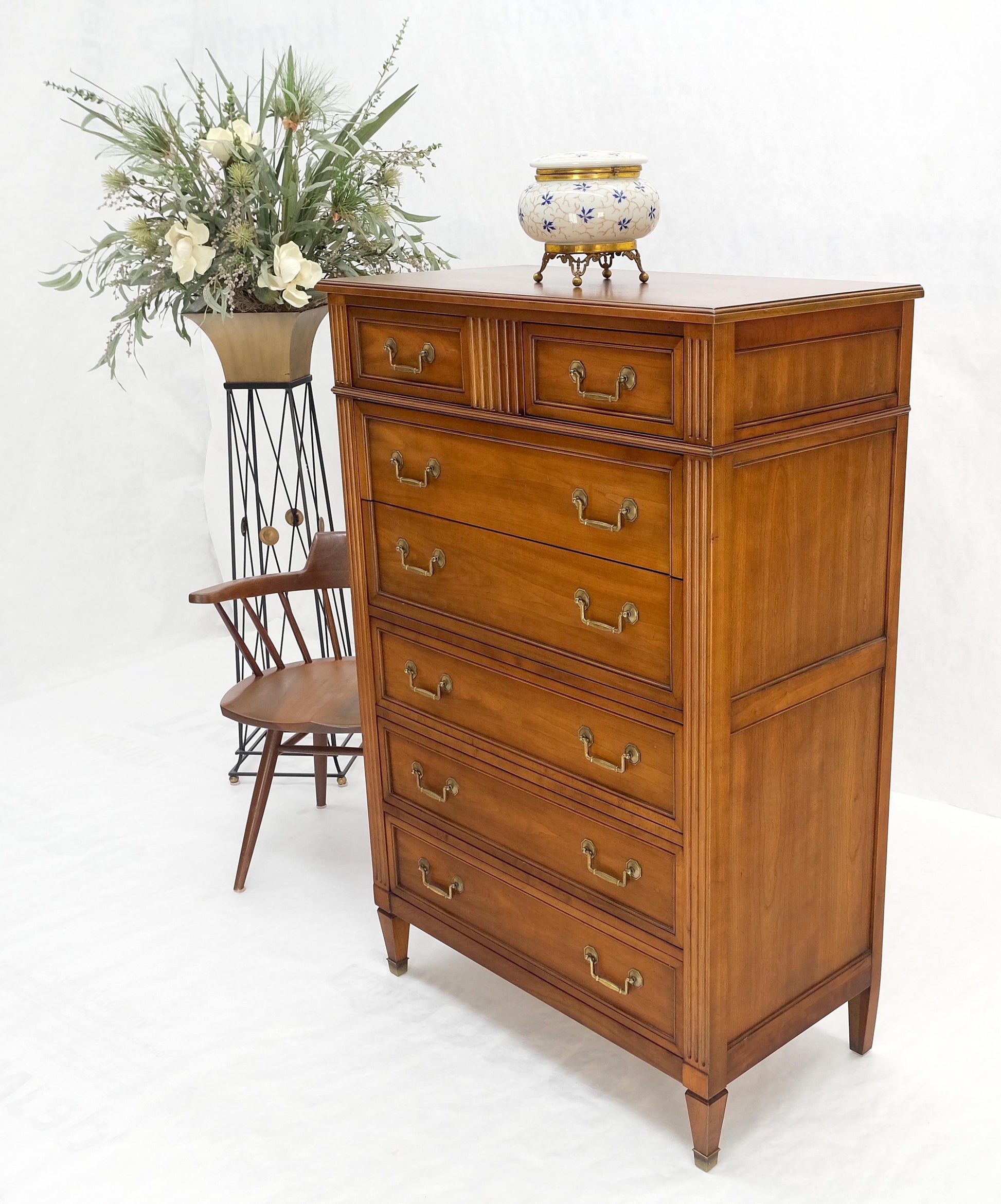 EstablishedLines Kindel 7 Drawers Fruitwood Heavy Brass Drop Pulls High Chest Tall Dresser Mint!