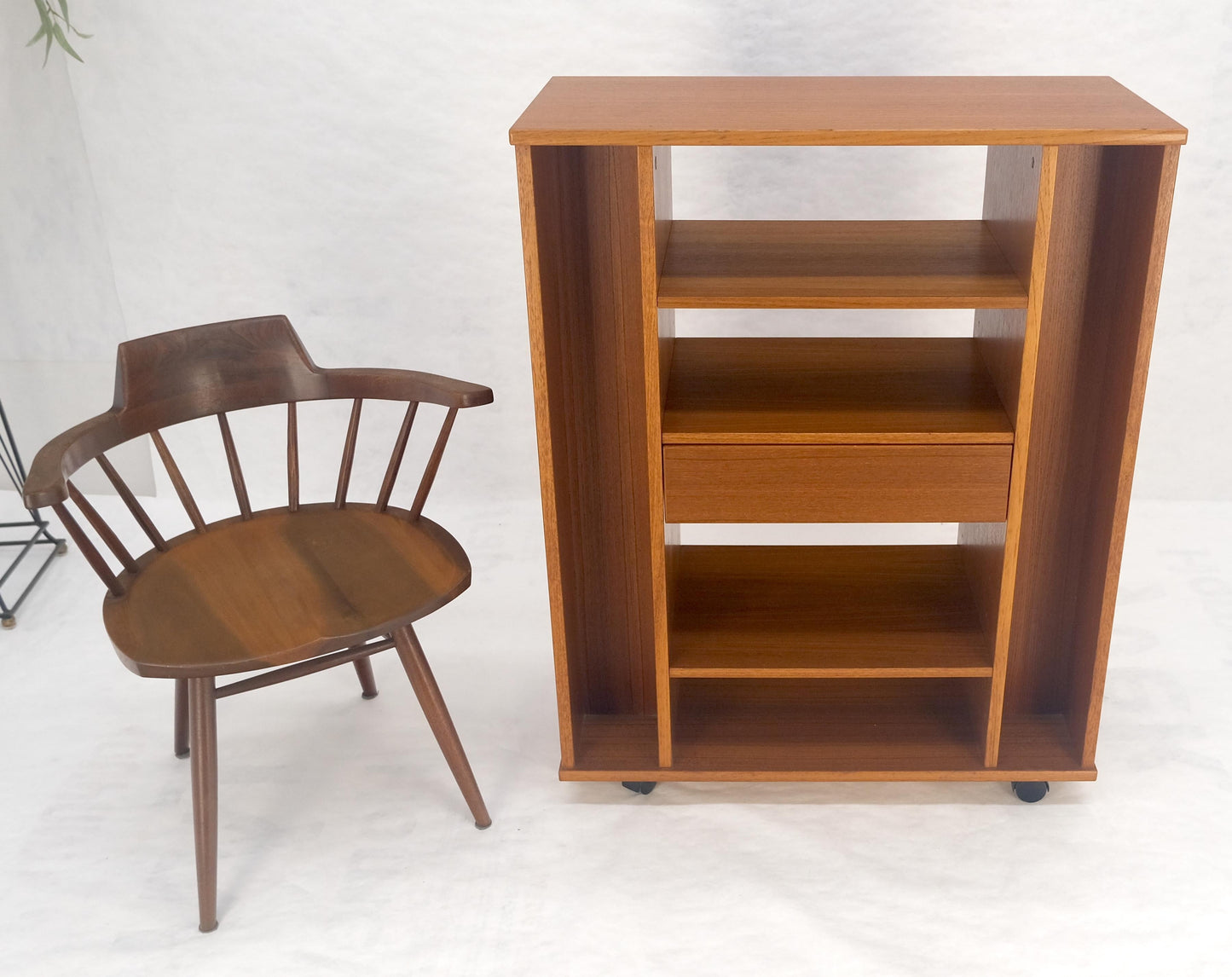EstablishedLines Danish Mid Century Modern 1970s Teak Bookcase Entertainment Center on Wheels
